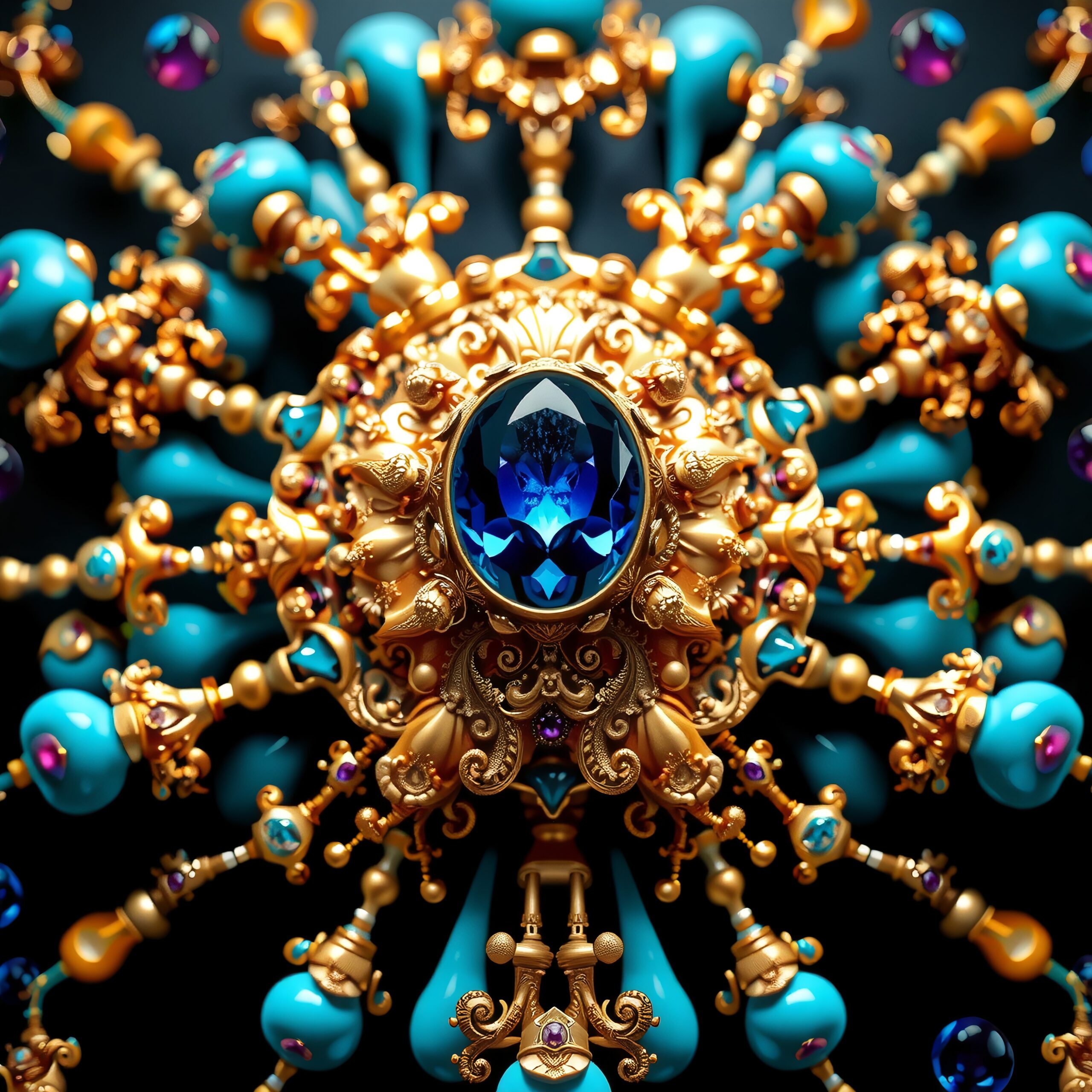Luxurious gold ornament with blue gemstone centerpiece.