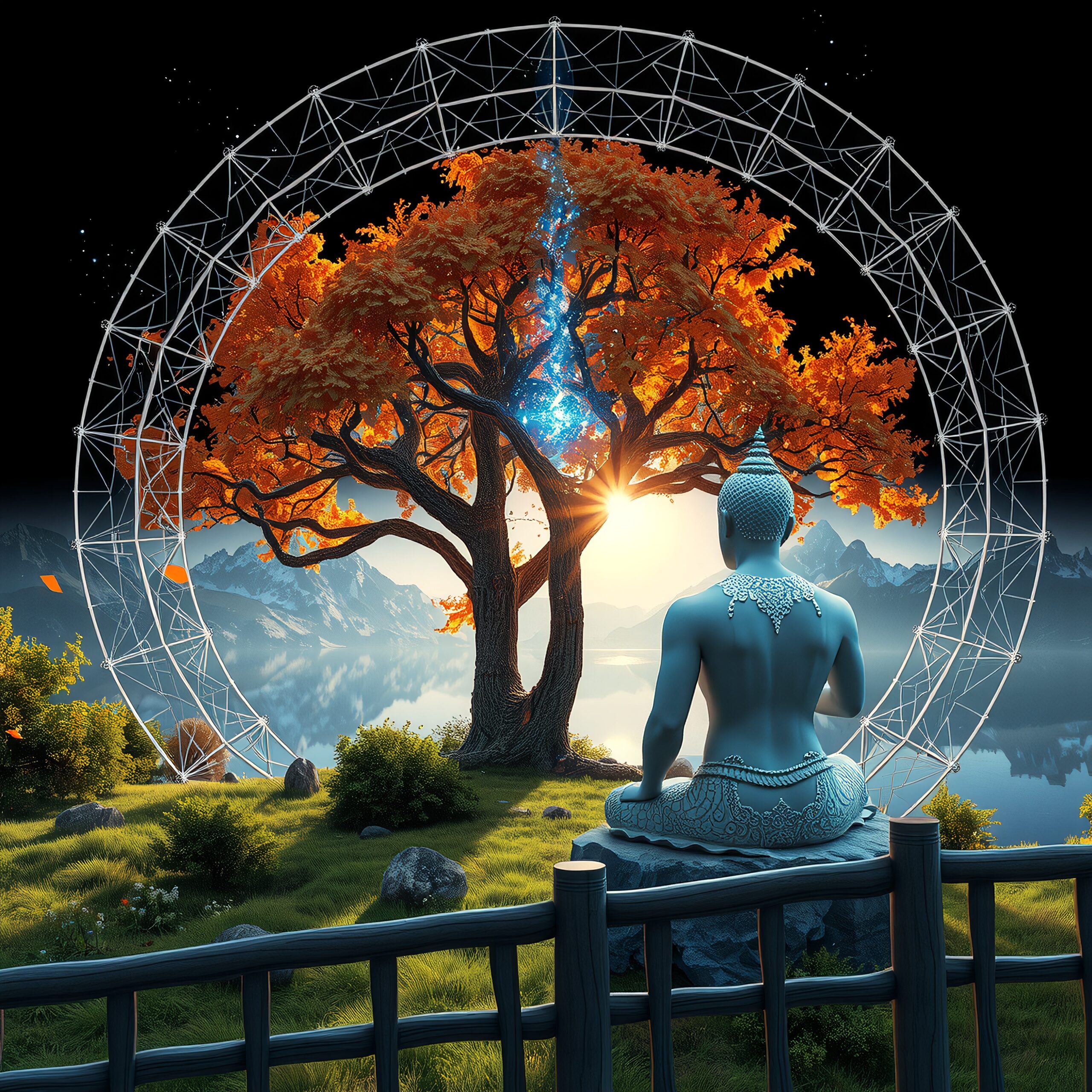 Blue Buddha statue meditates in a luminous landscape beneath a celestial tree and geometric portal flanked by serene mountains and reflective waters.