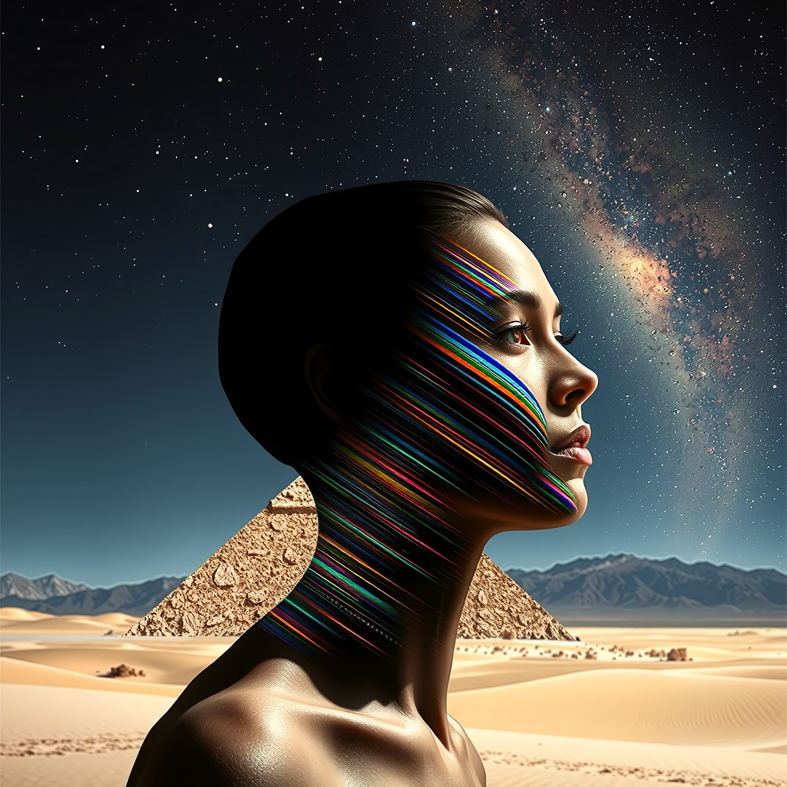 A futuristic portrait of a woman with multicolored stripes, set against a pyramid and starry night sky backdrop, blending ancient and cosmic elements.