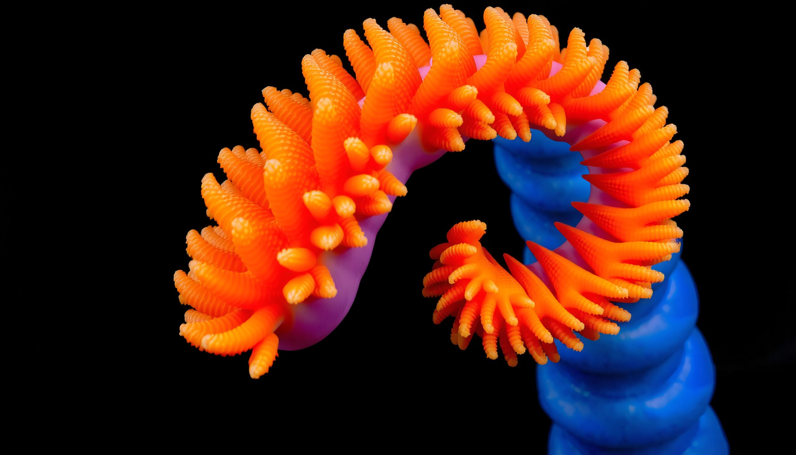A vibrant, abstract sculpture with orange and blue spirals on a dark background.