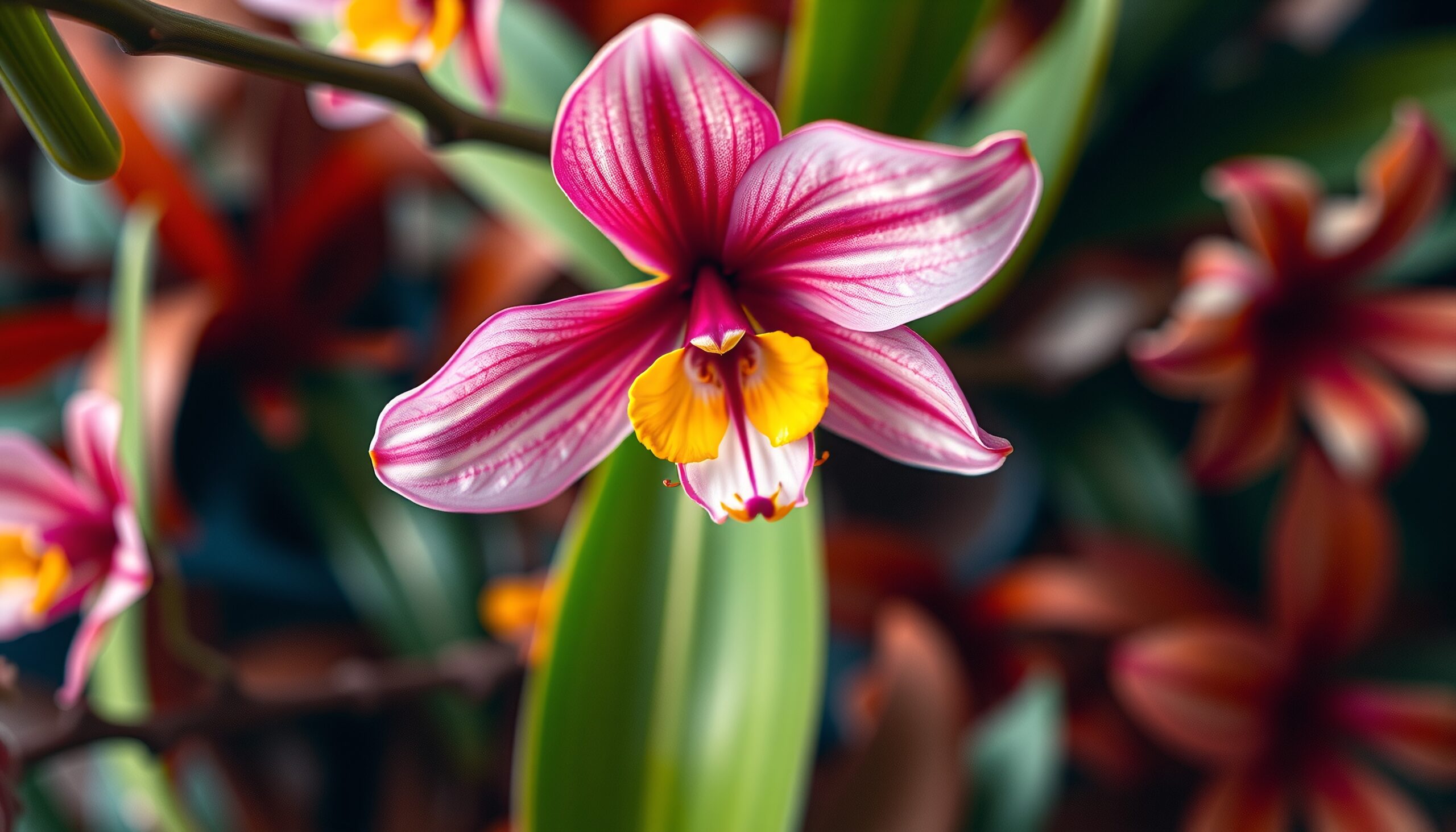 Close-up of a vibrant pink orchid flower with intricate details and a lush blurred background.