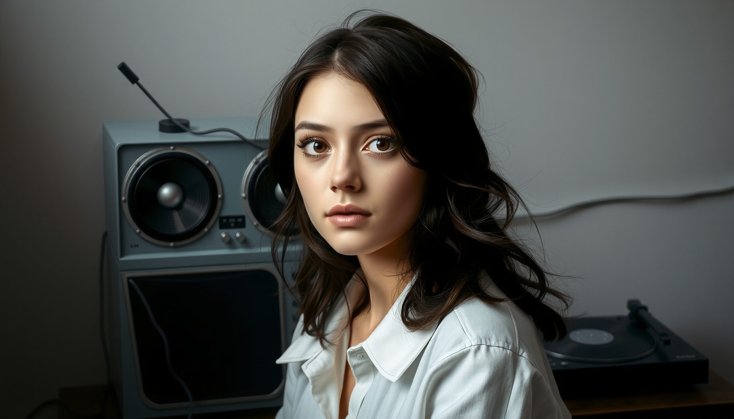 Portrait of a young woman with vintage audio equipment backdrop.