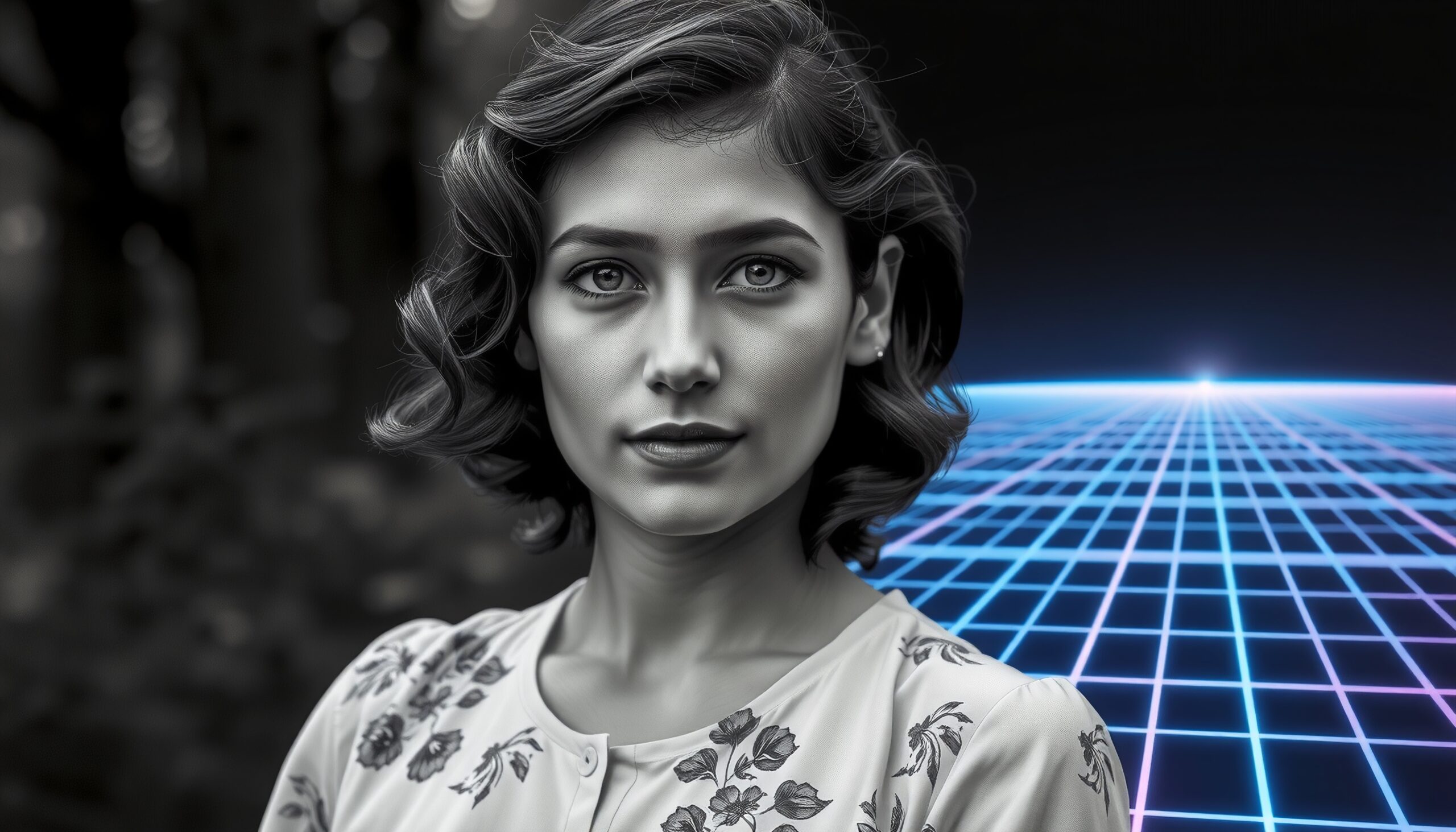 A monochrome portrait of a woman with curls and a floral blouse, against a neon digital grid backdrop, blending retro and futuristic styles.