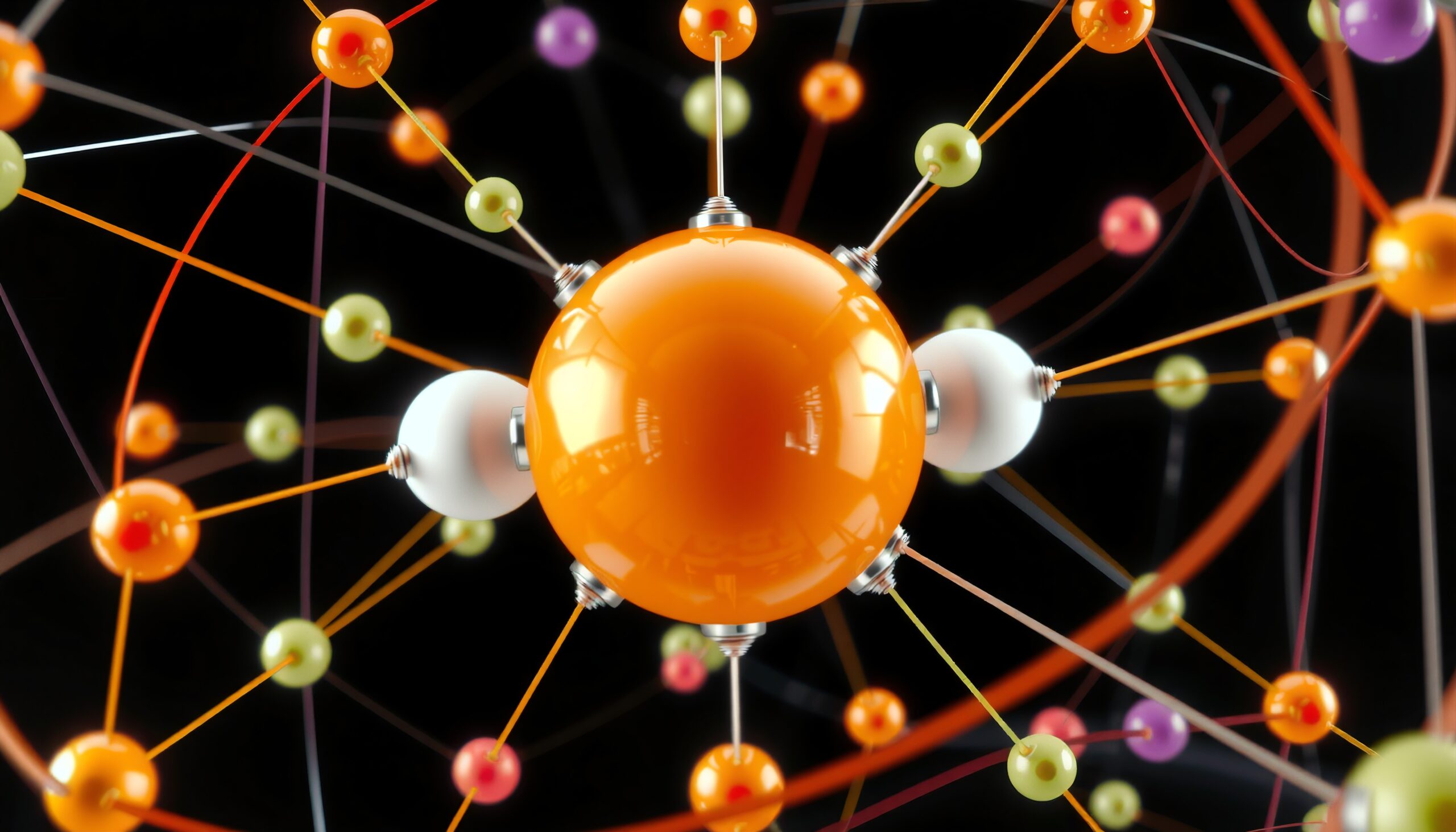 Colorful molecular model showcasing atoms connected by rods, set on a black background, with a large orange central sphere reflecting light.