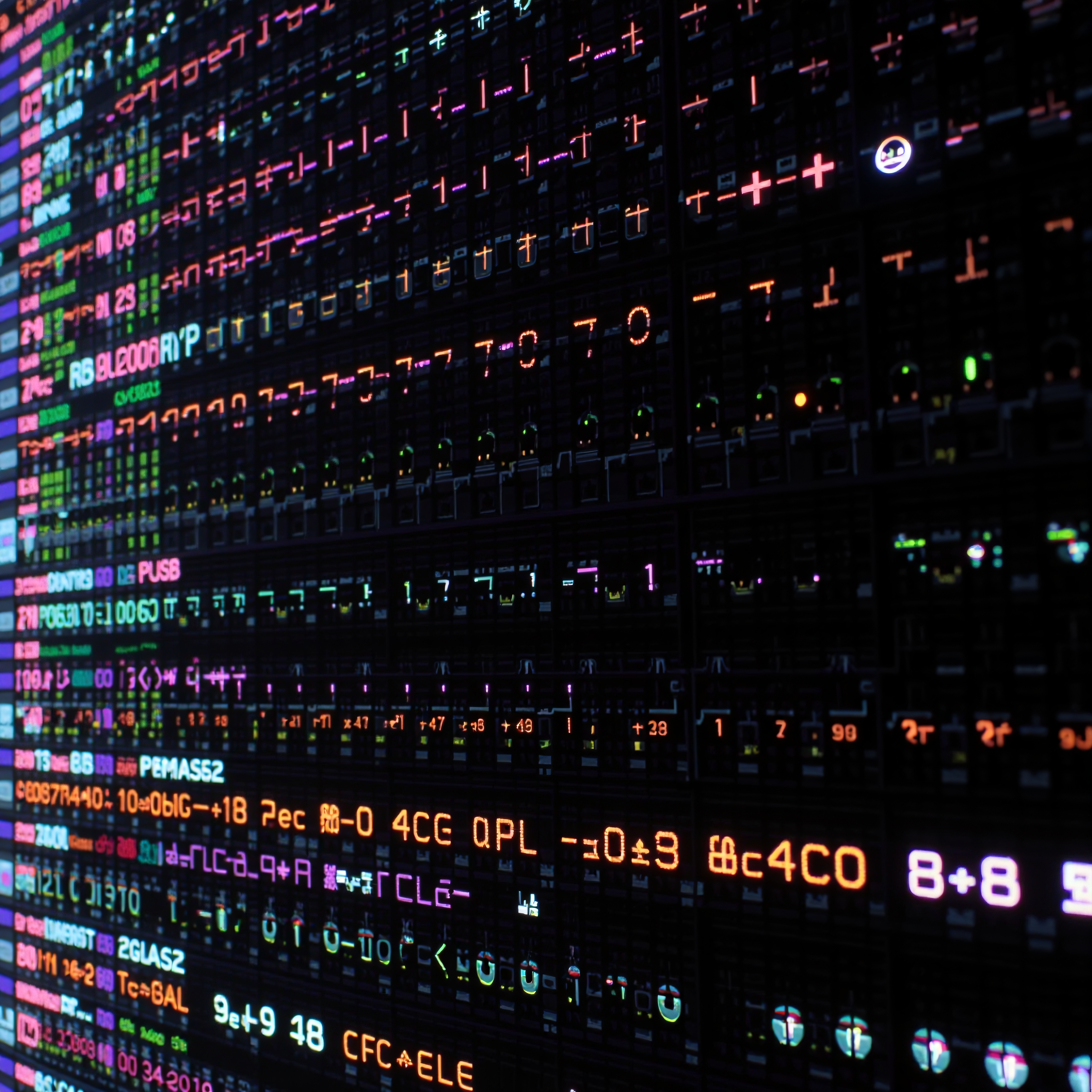 Bright neon symbols on a dark screen showcasing complex digital data.
