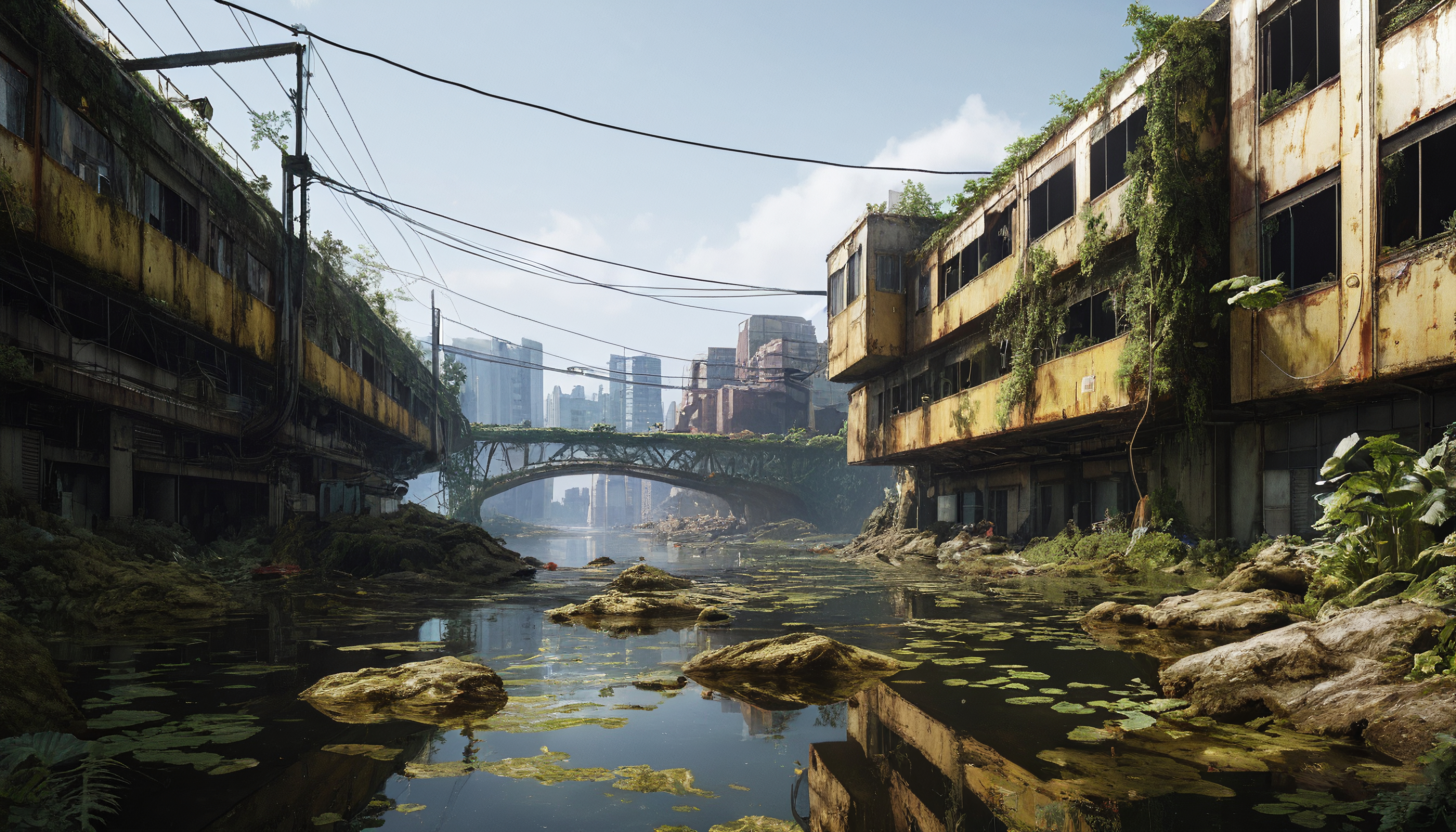 An overgrown urban landscape with decaying buildings.