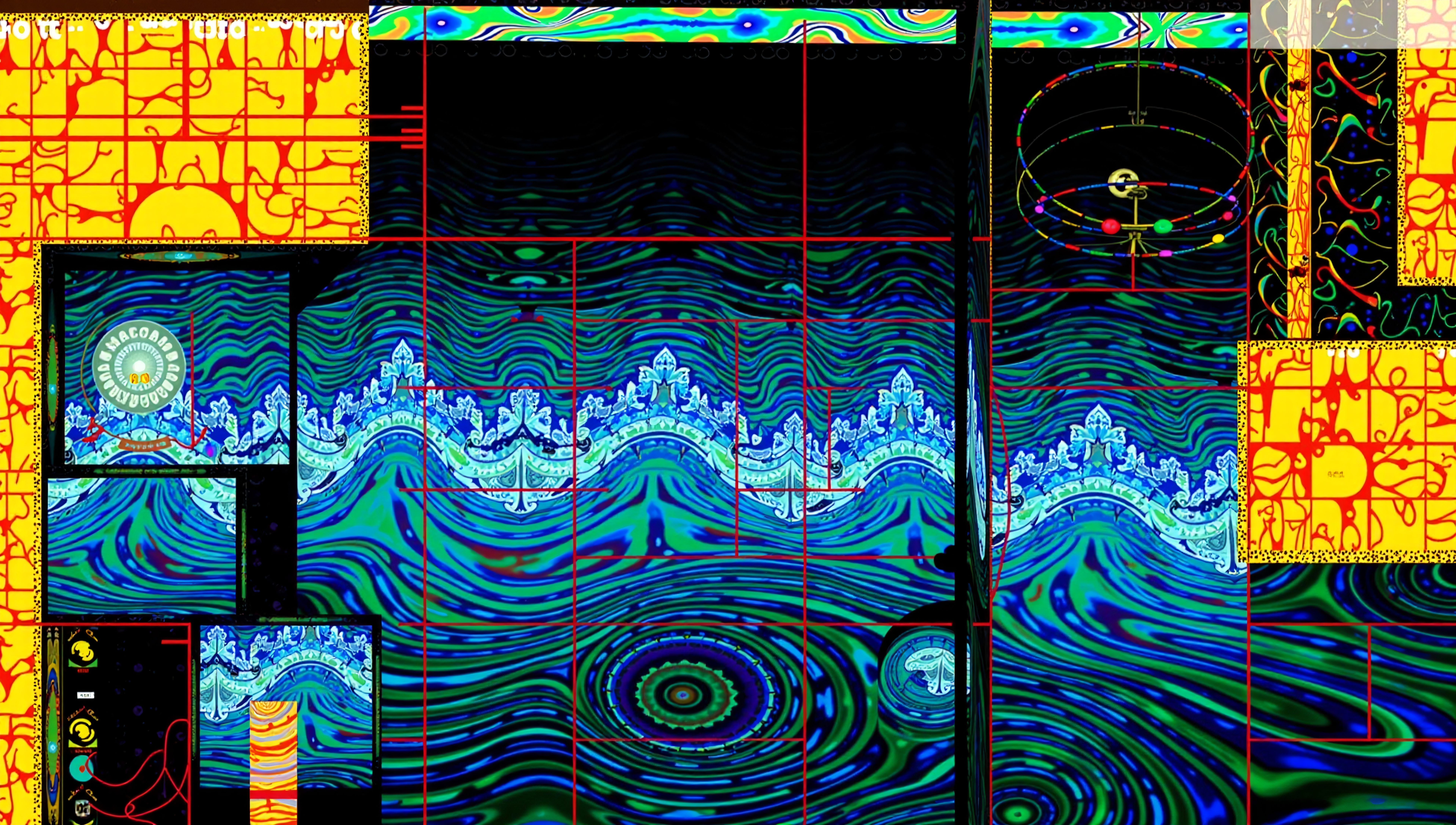 A colorful digital art piece with swirling patterns and geometric designs.