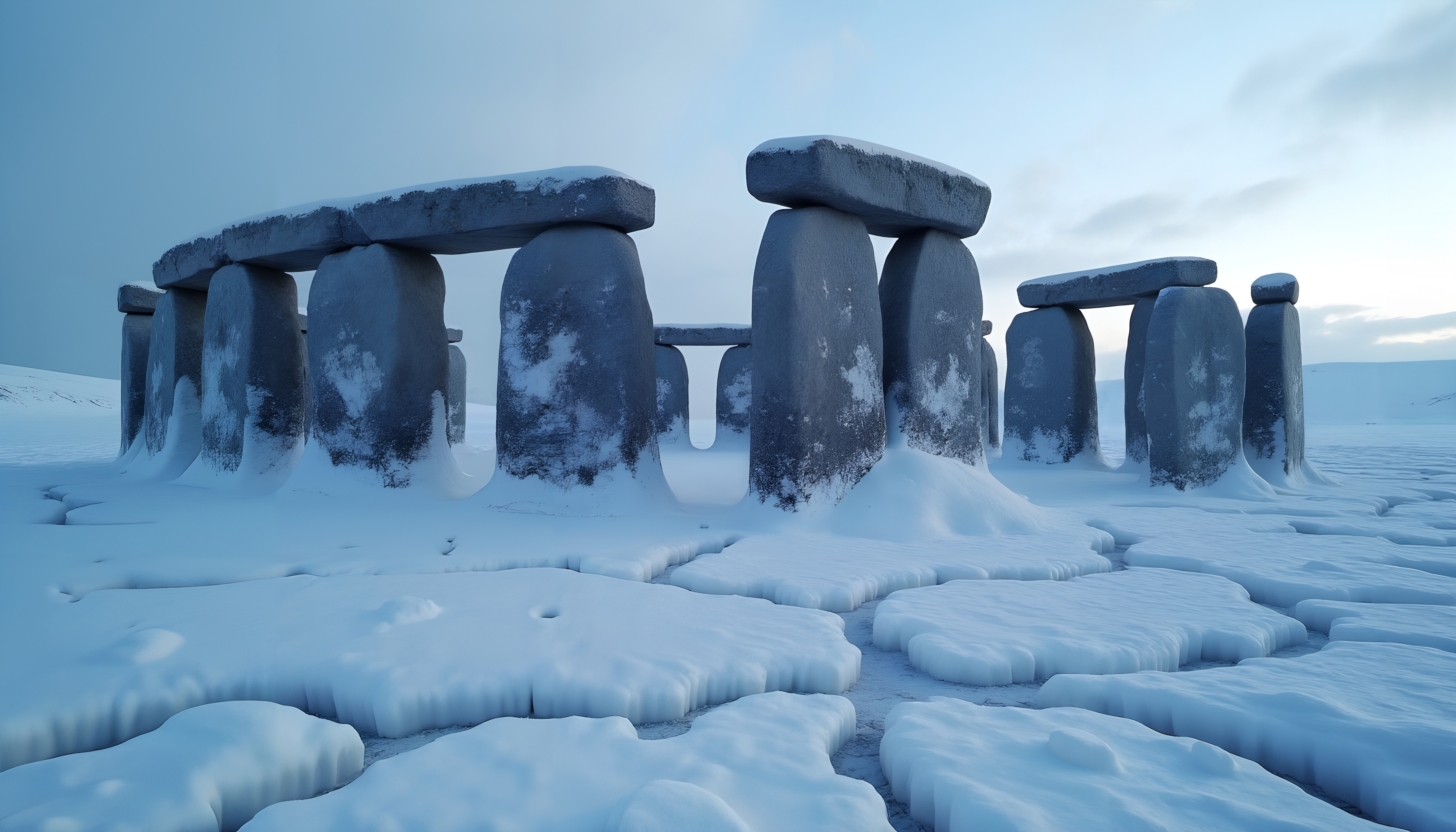 A frosty Stonehenge-like structure blanketed in snow.