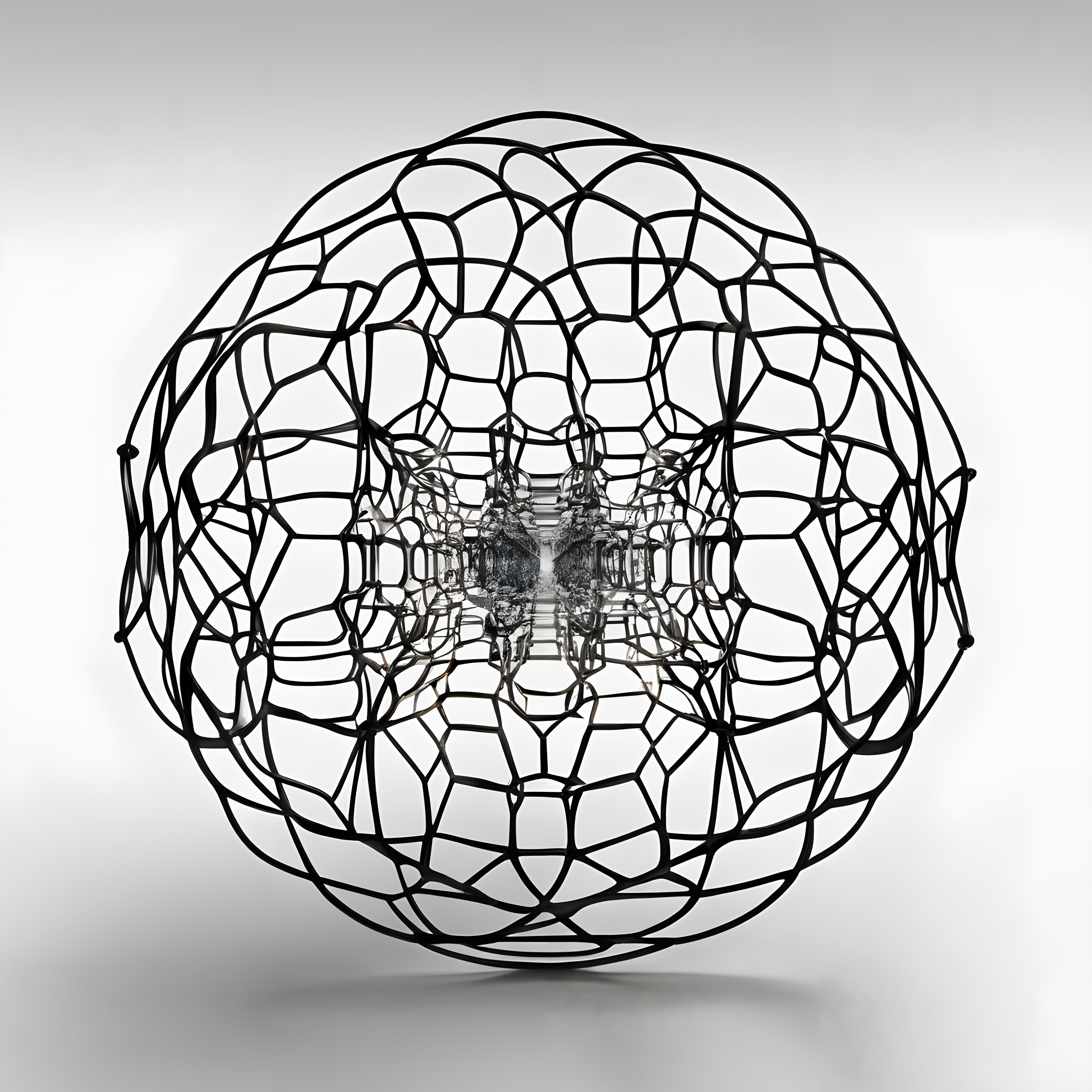 An intricate spherical geometric structure with black interconnected lines, evoking both organic and mechanical themes.