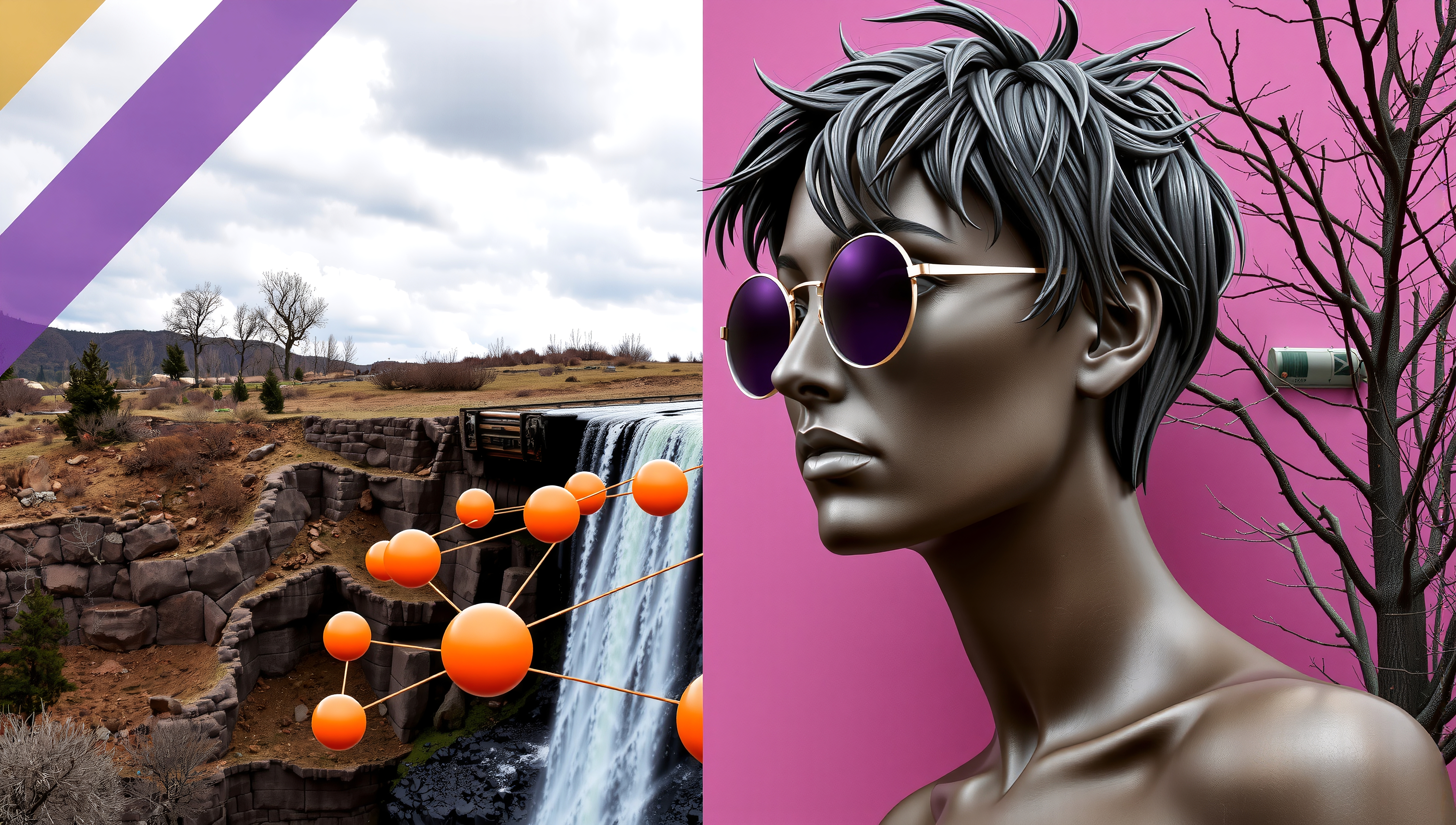 A striking digital artwork featuring contrasting elements of a waterfall landscape and a futuristic mannequin against bold colors.