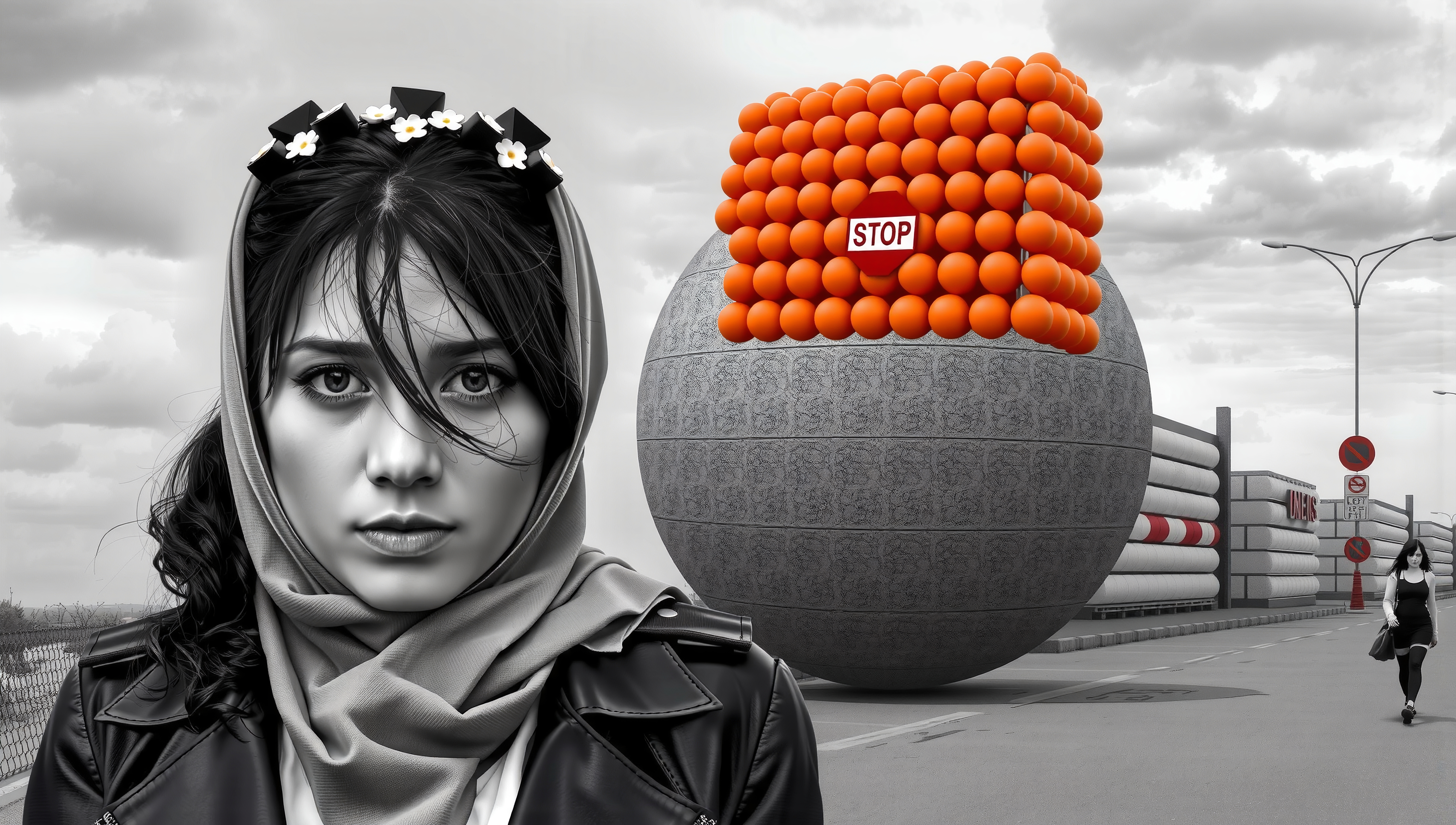 Portrait of a young woman with a surreal backdrop featuring a stone sphere and orange accents on an overcast day.