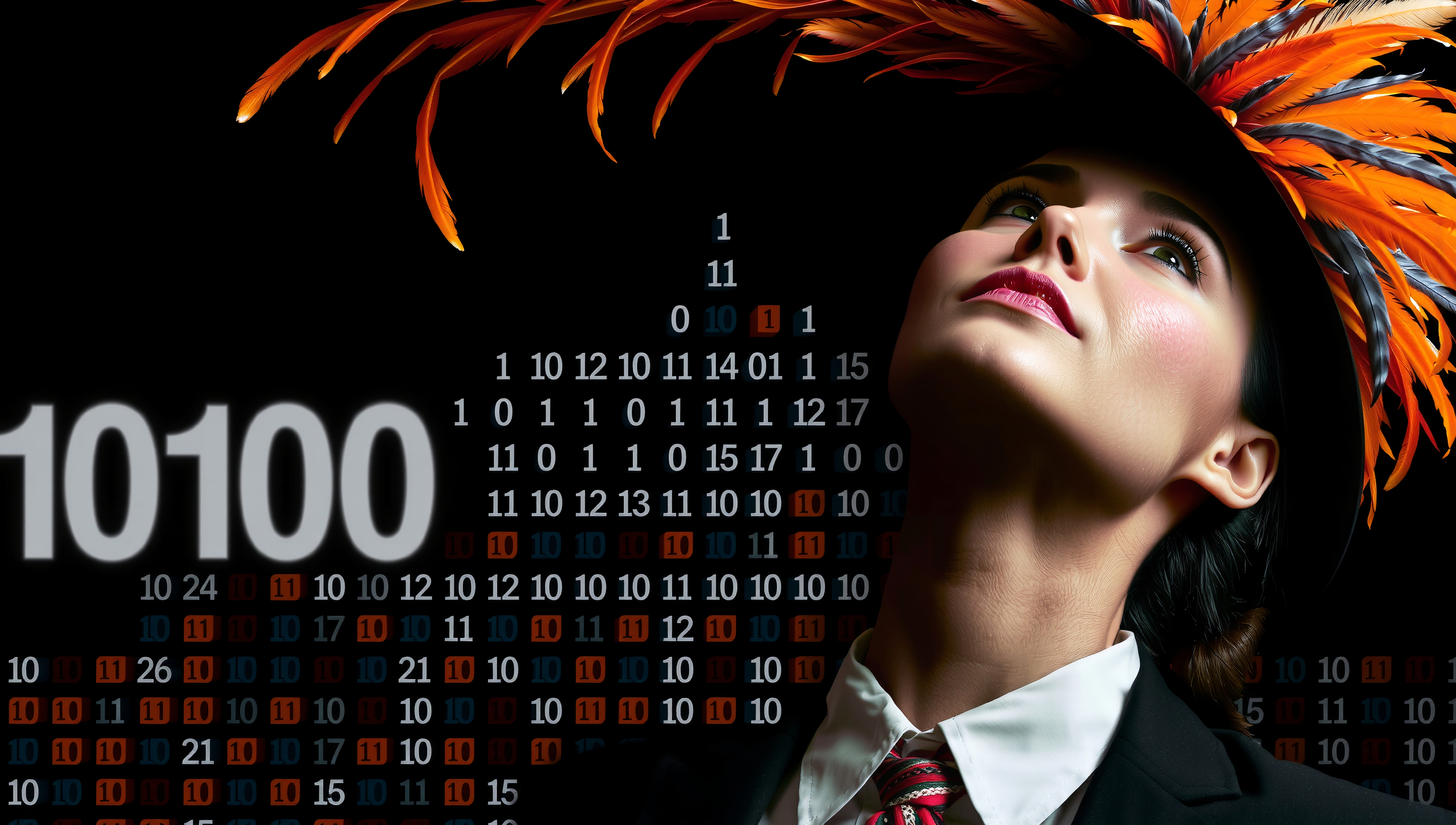 A fashionable woman in a feathered hat looks upward, set against a background of binary code and numbers, blending fashion with technology.