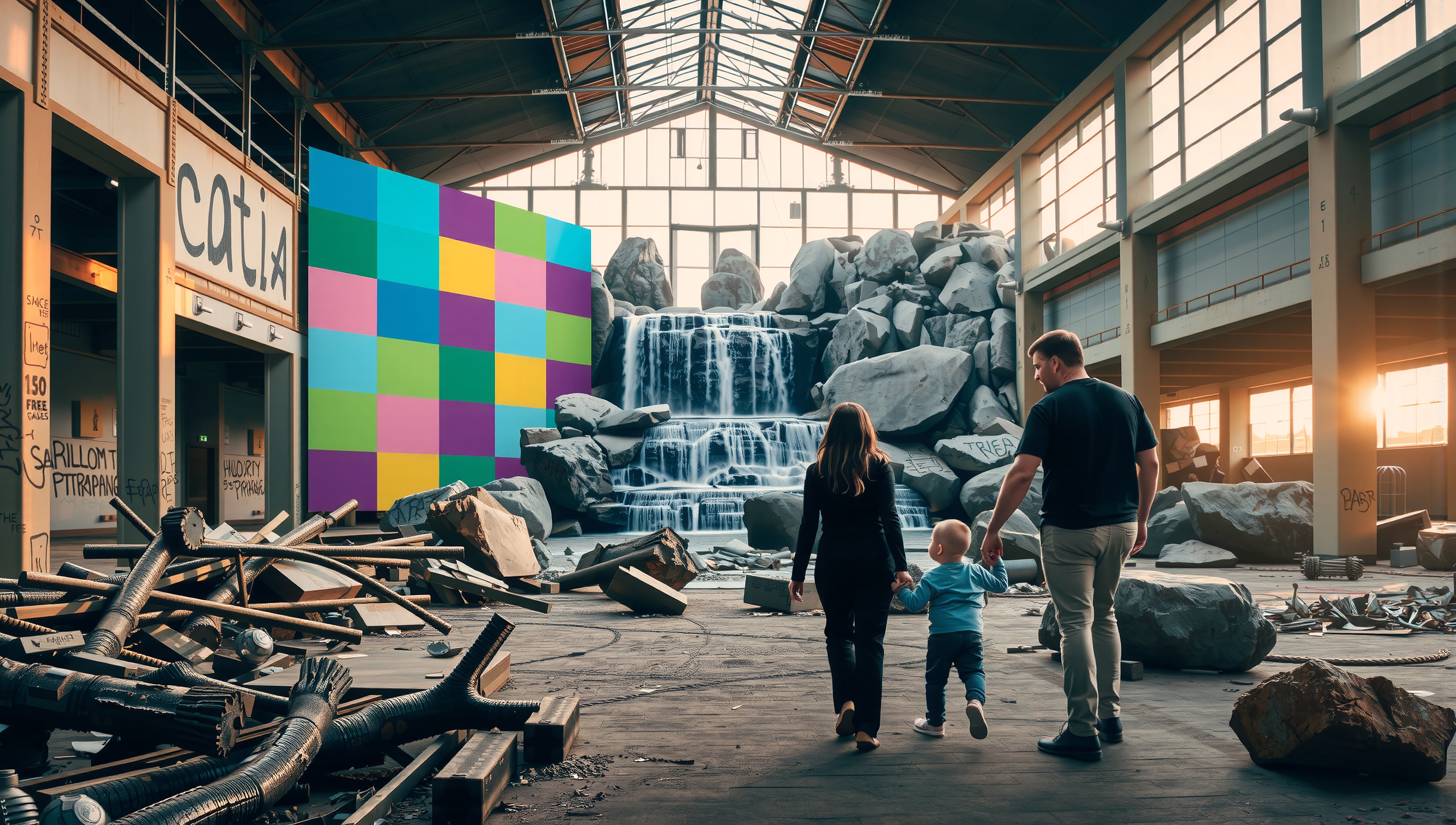 A family walks through a graffiti-filled warehouse towards an artificial waterfall, with sunlight shining through large windows.