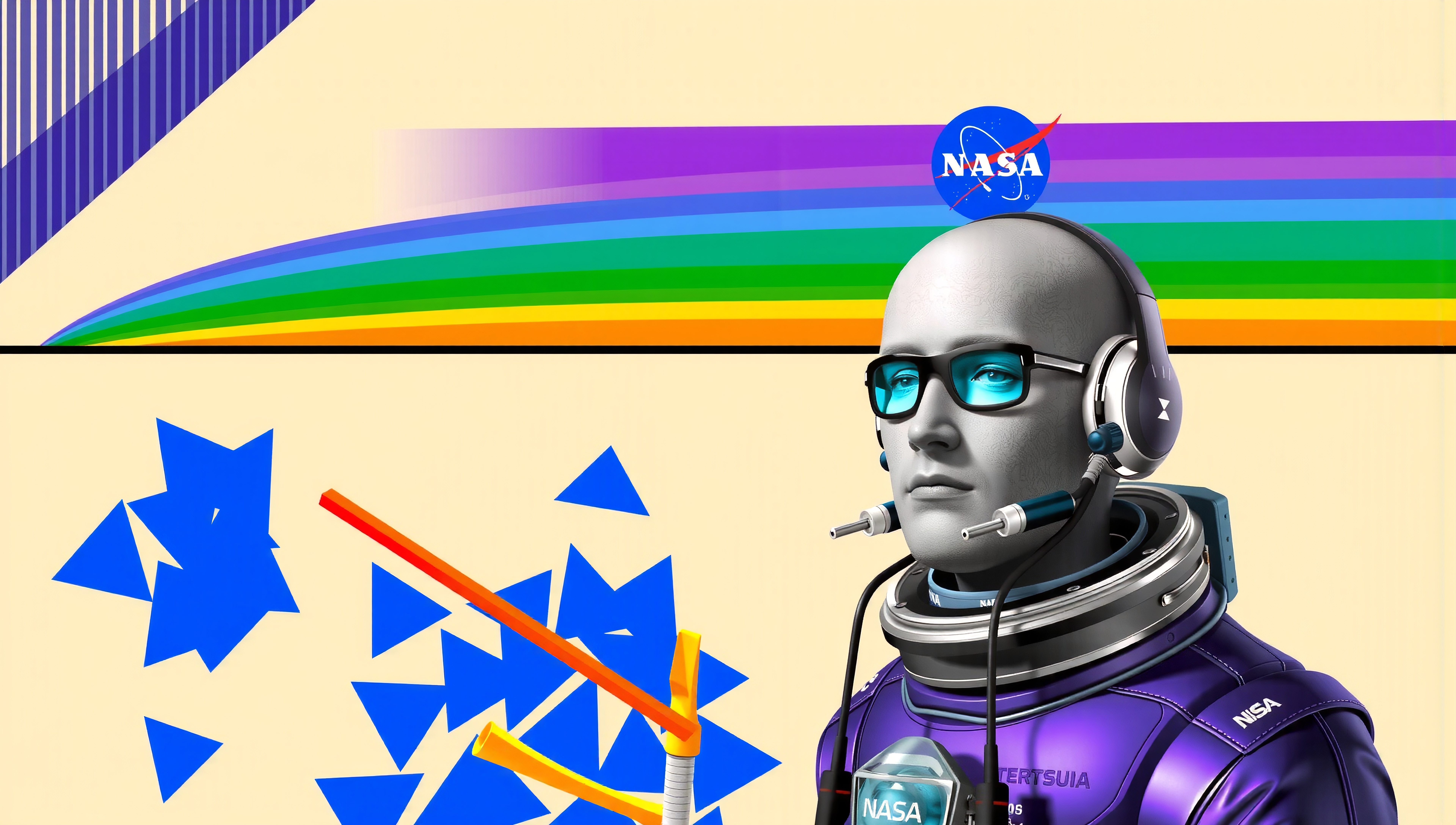 Futuristic humanoid in NASA suit, abstract art background.