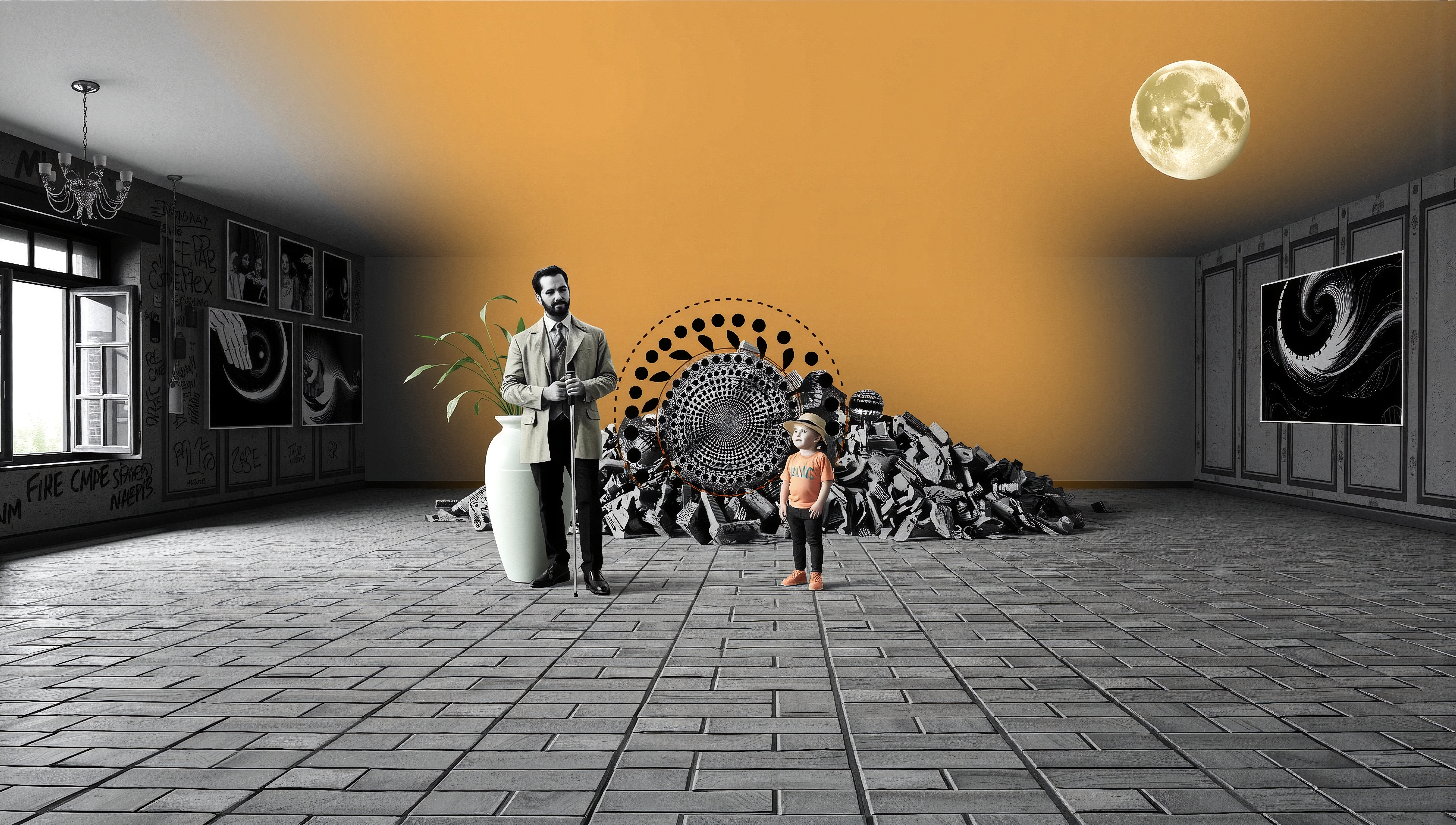 A surreal indoor scene featuring a suited man, child, and abstract elements under a glowing moon.