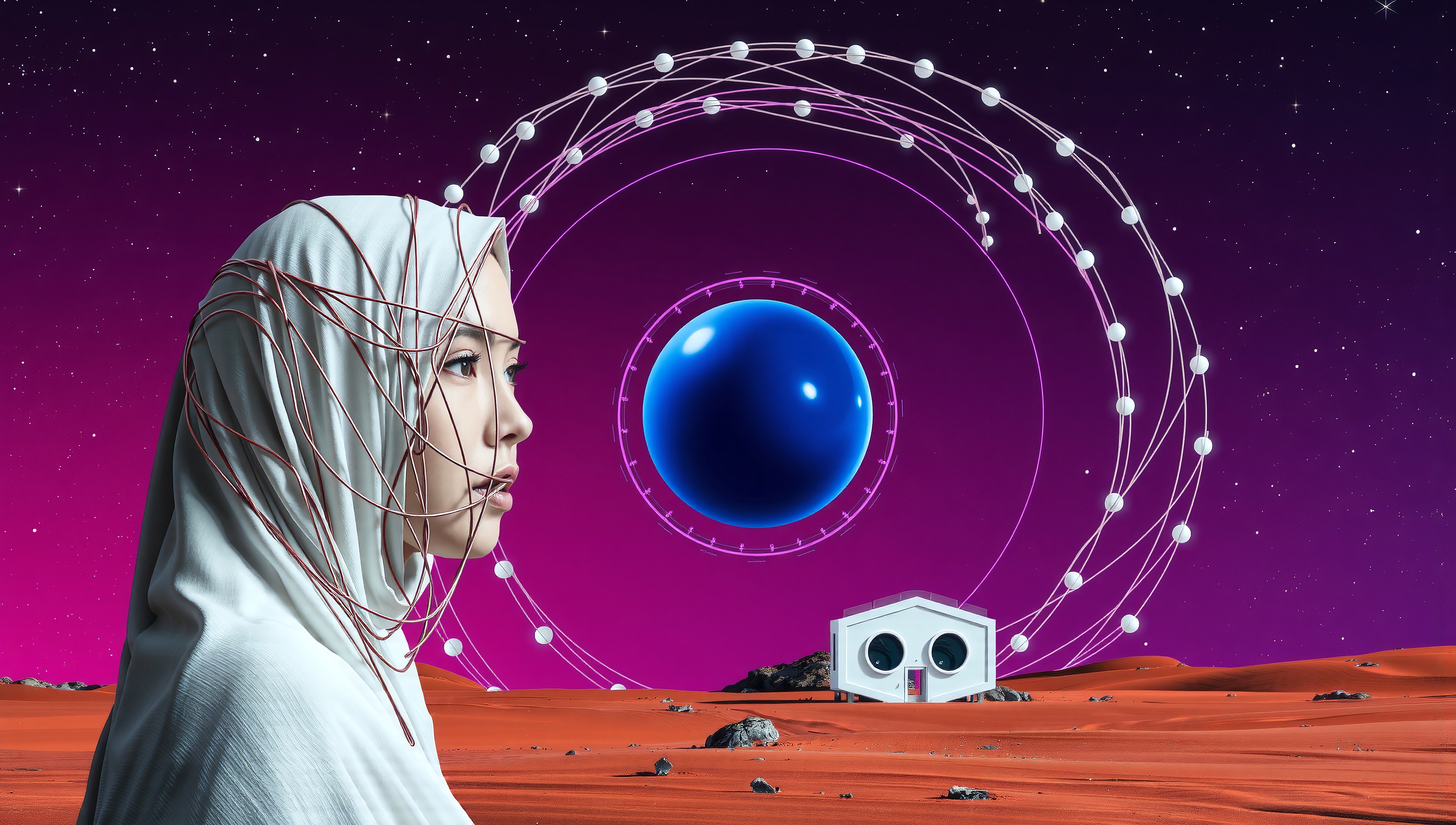 A futuristic scene of a woman with wired headgear against a cosmic backdrop on a red planet.