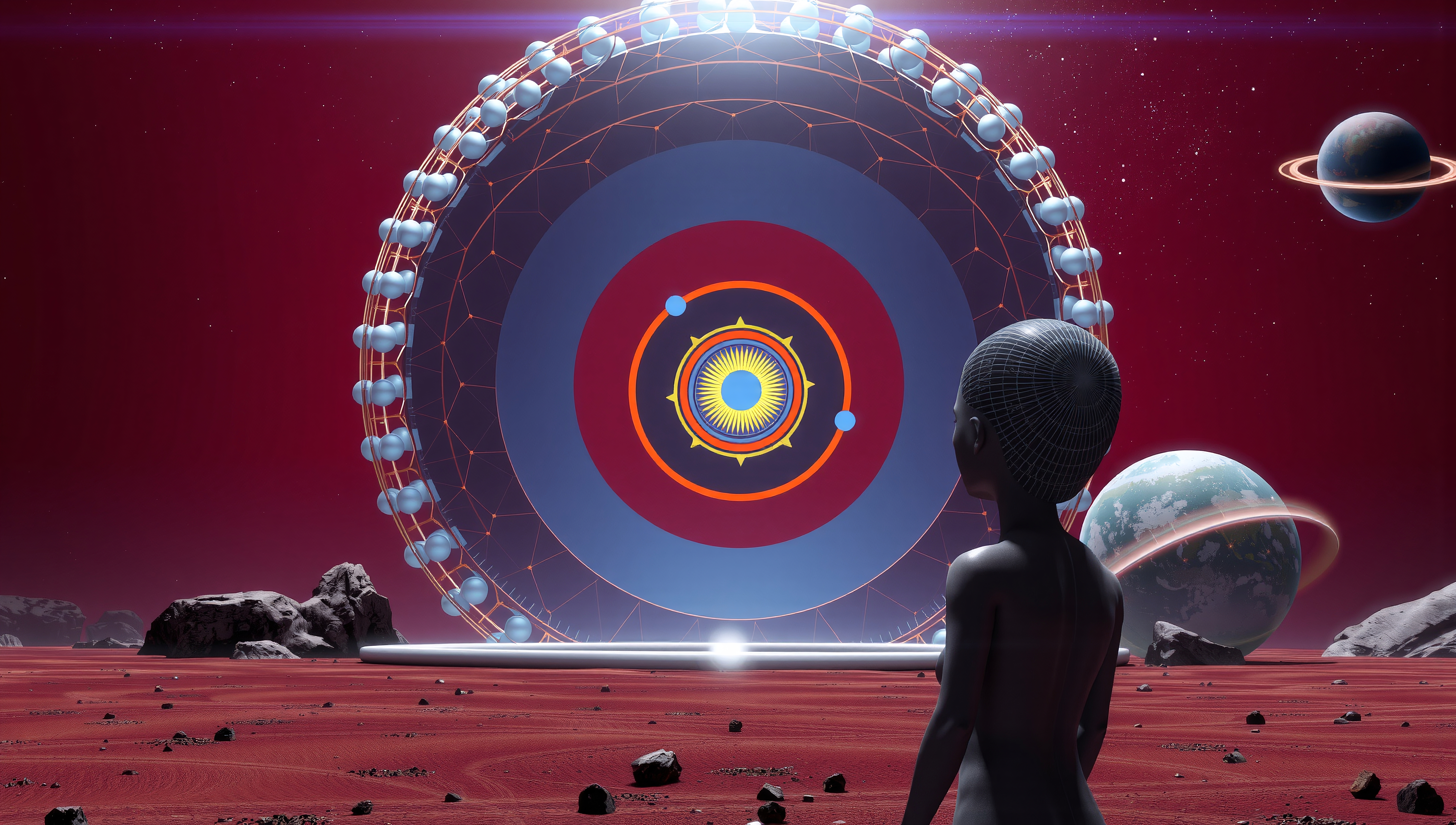 An alien figure stands on a rocky planet surface, gazing at a large, circular cosmic structure with planets in the background.