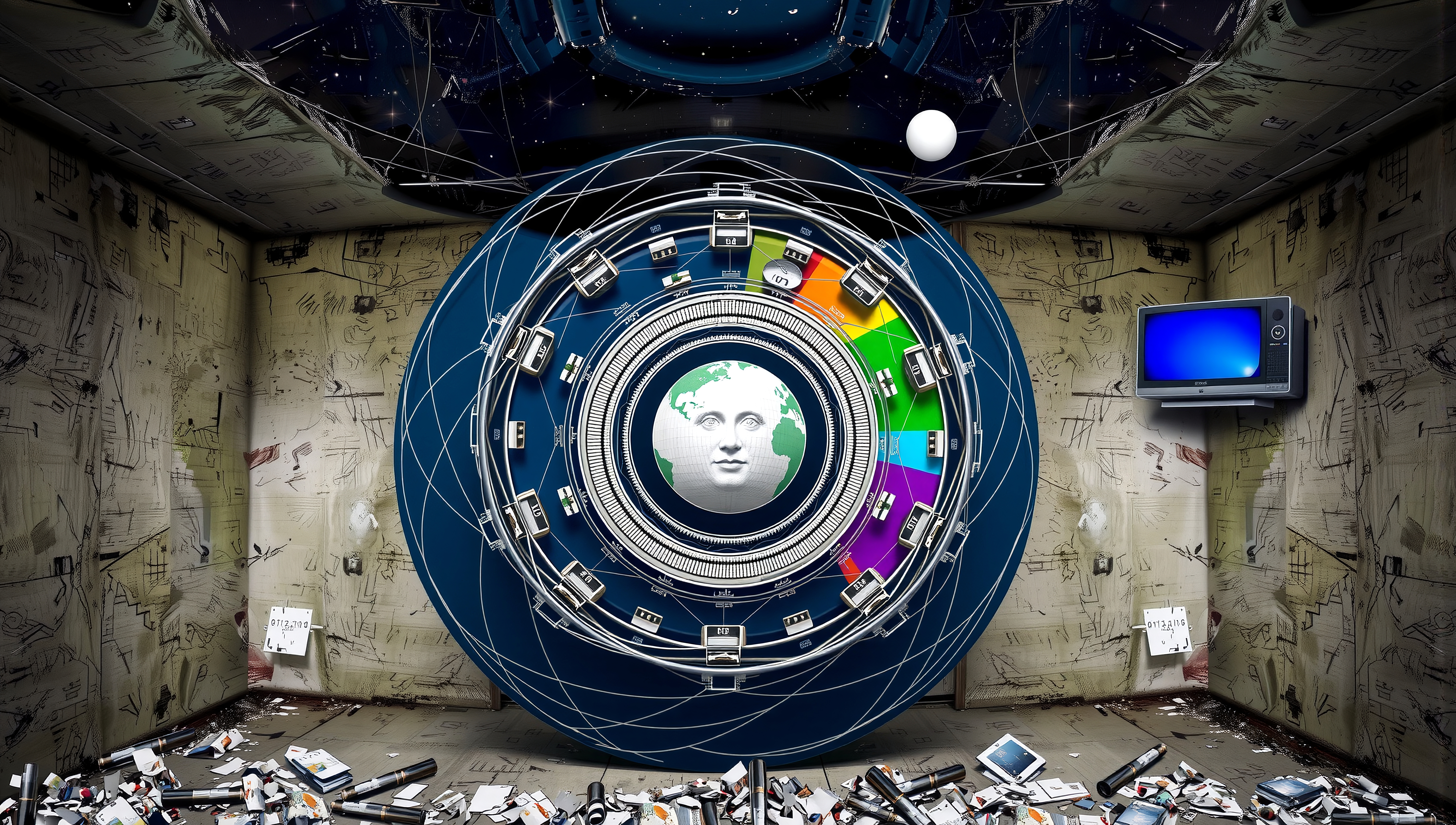 Surreal room with cosmic and technological elements.