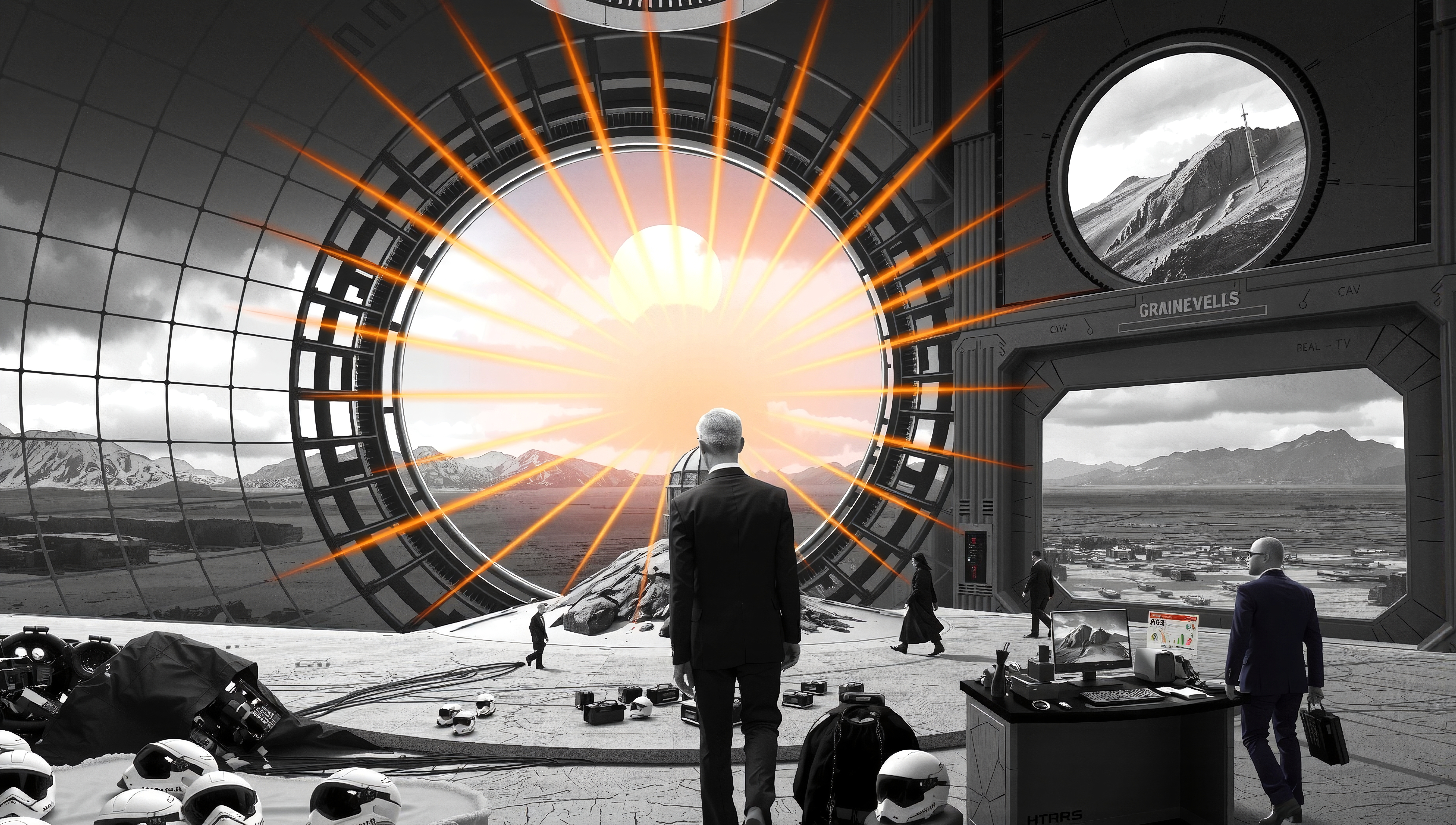 Futuristic office with large circular window, advanced technology, and mountainous landscape.