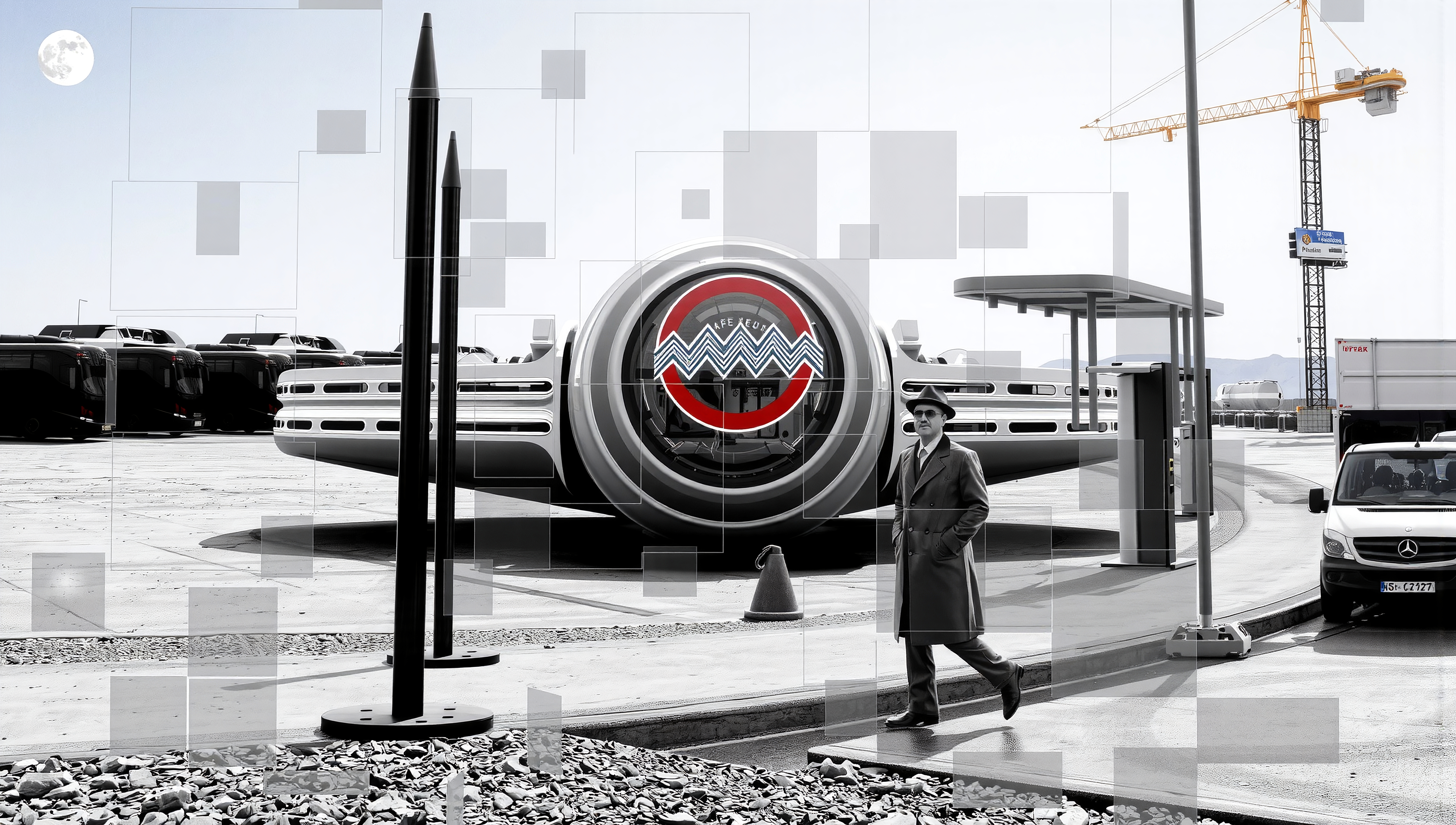 Futuristic parking lot with retro-modern design featuring a man walking.