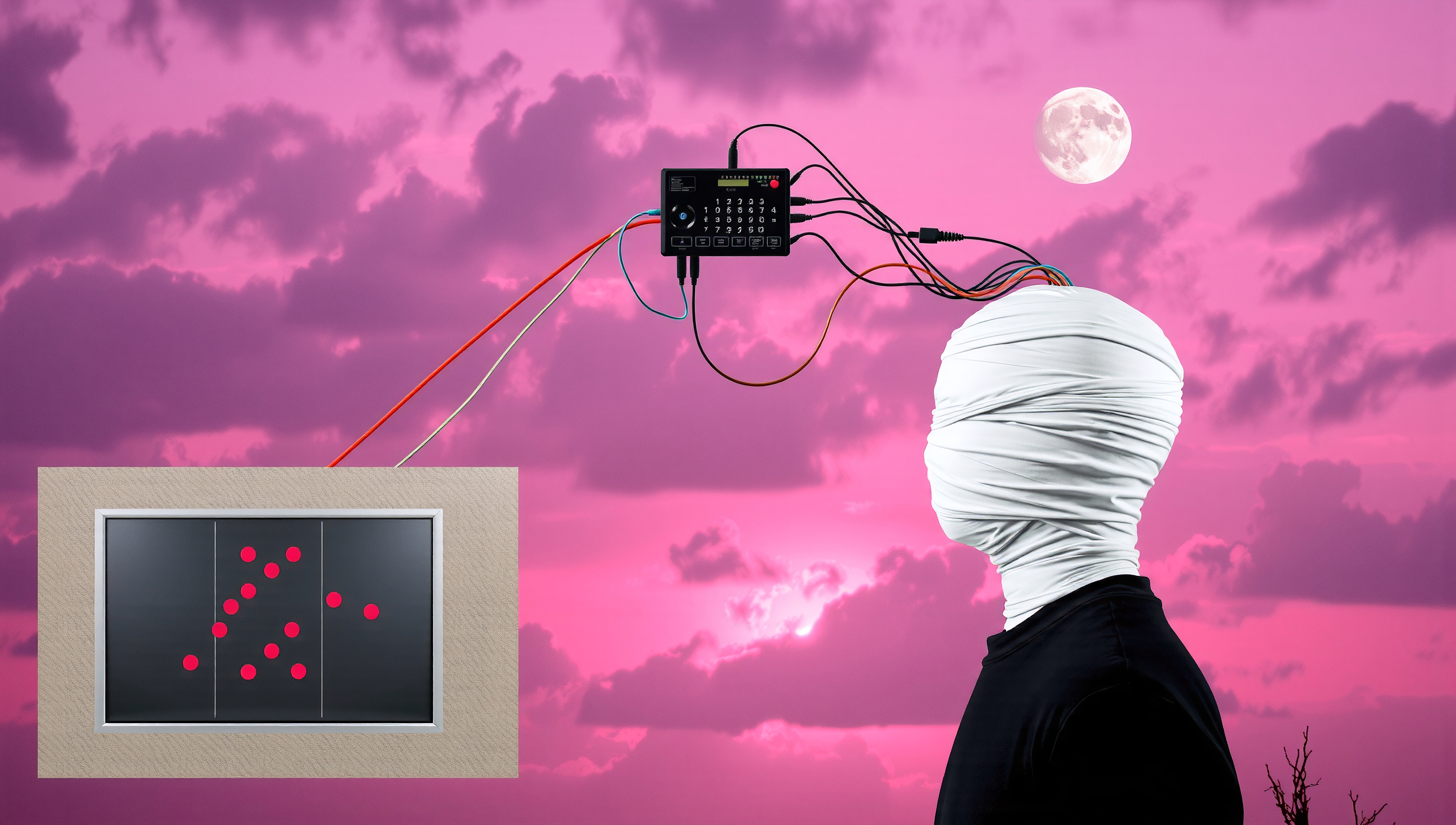 A figure with a wrapped head connected to a control box with red data points amidst a pink sky.