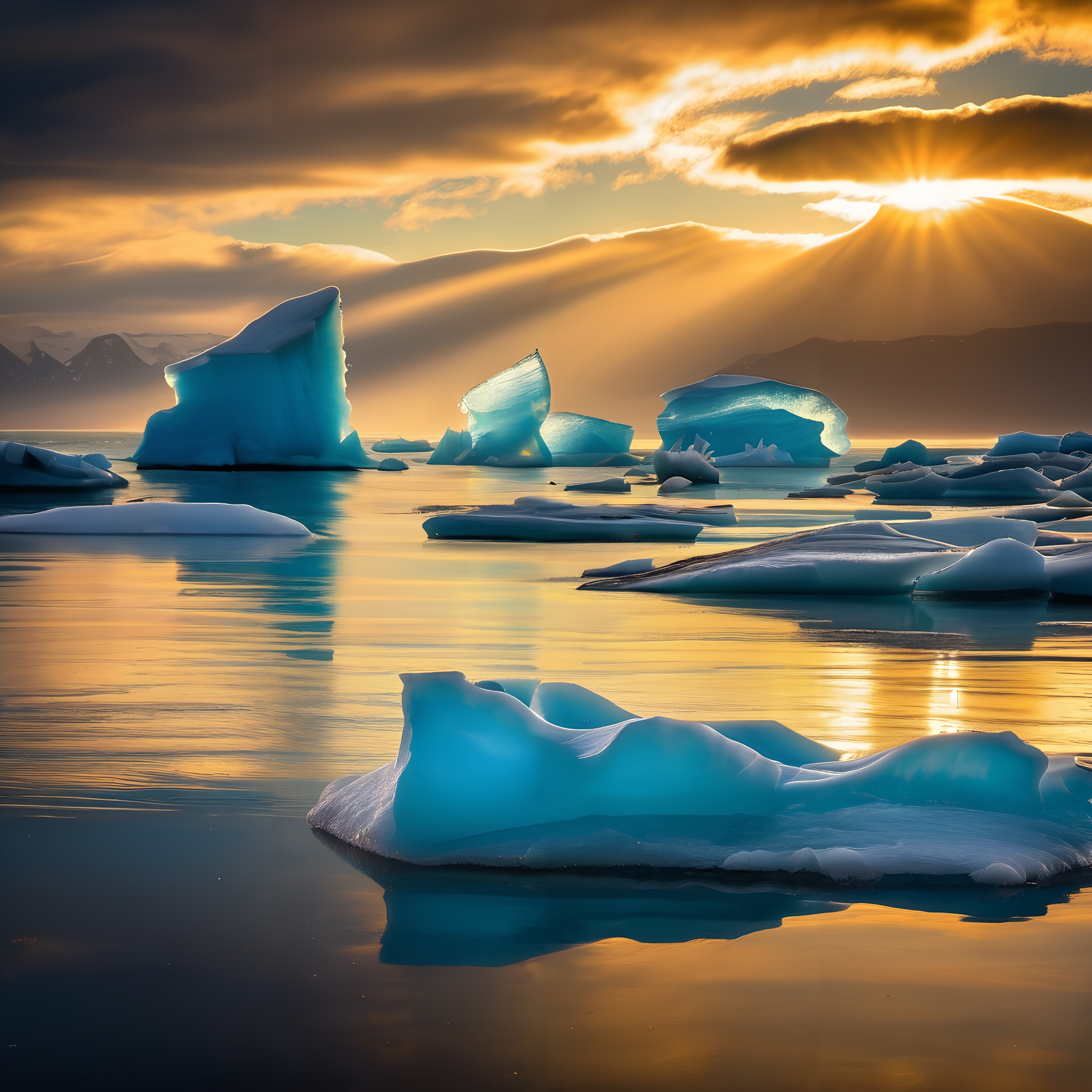 Dramatic sunset over tranquil icebergs on calm ocean waters.