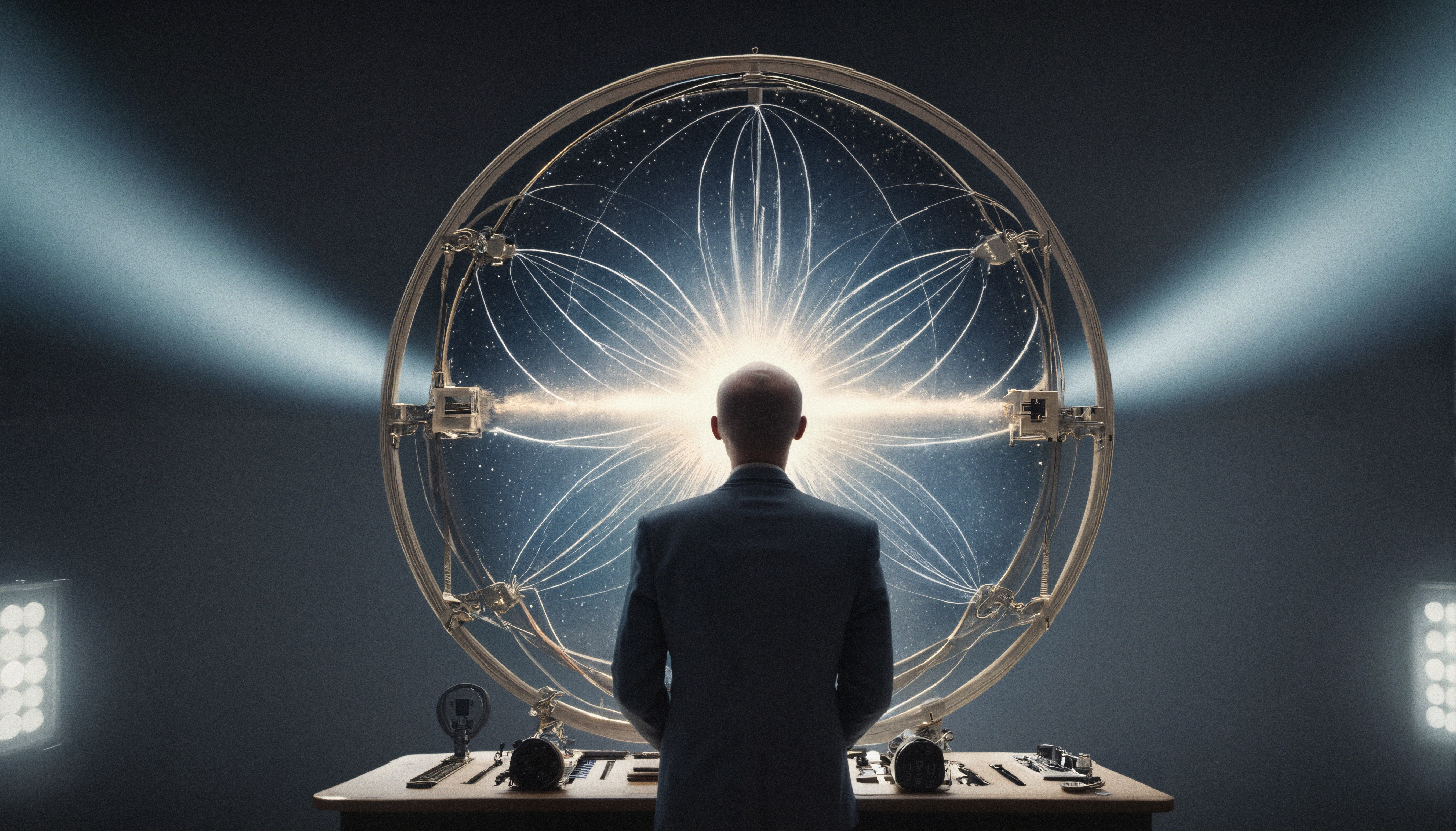 A man observes a glowing device, resembling a futuristic scientific instrument, in a dimly lit setting.