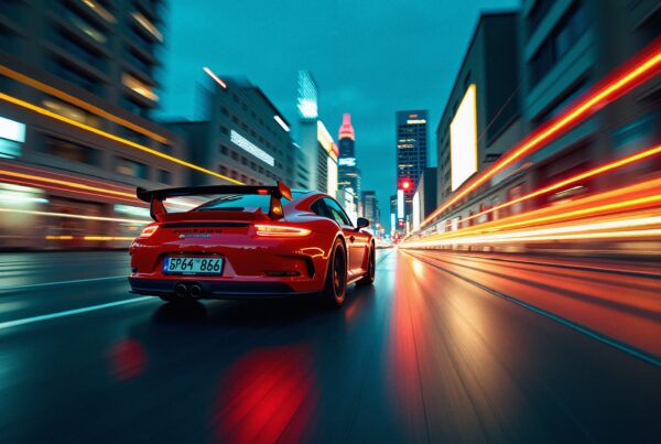 Red sports car speeding through illuminated urban nightscape with light streaks.