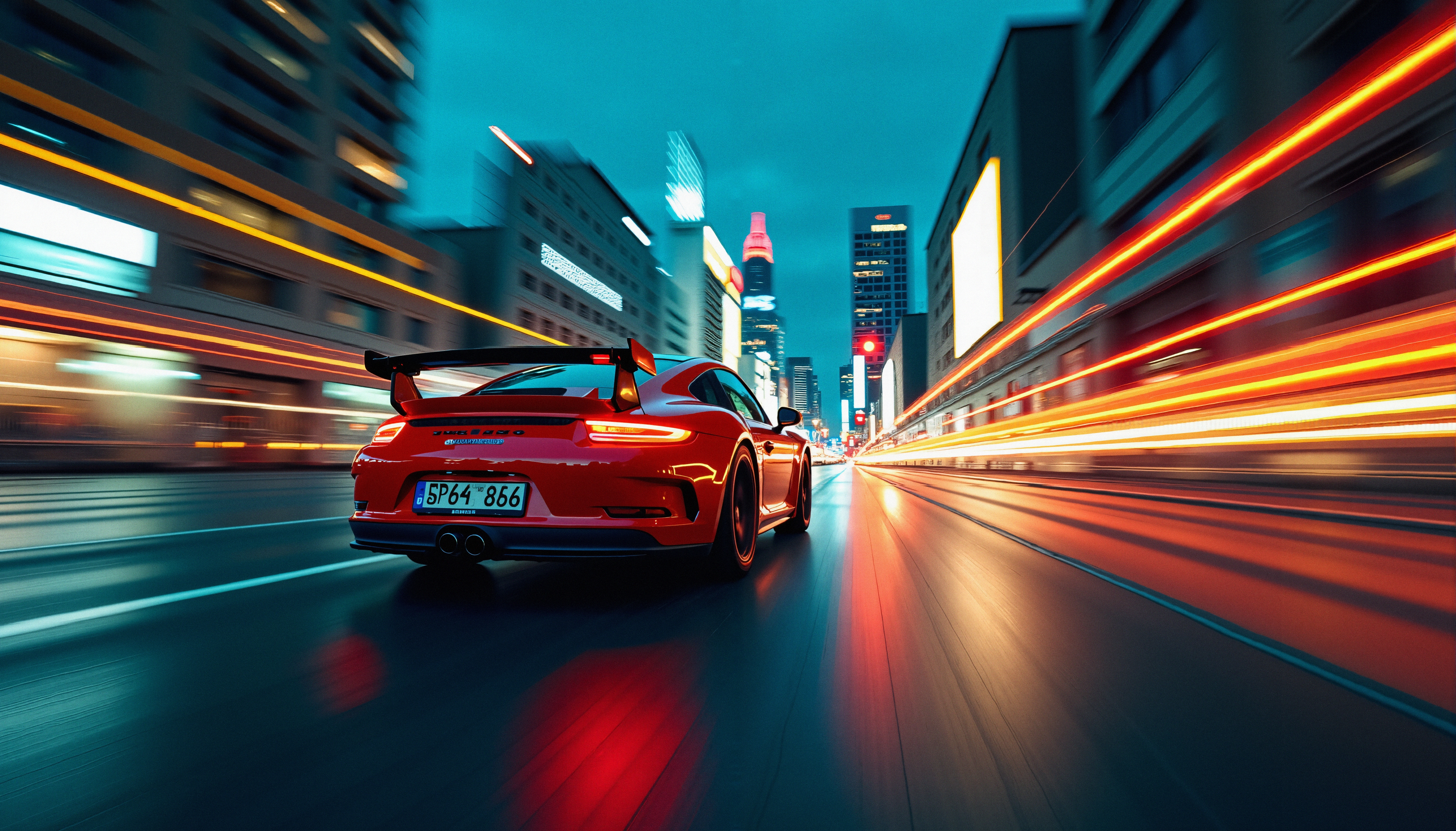 Red sports car speeding through illuminated urban nightscape with light streaks.