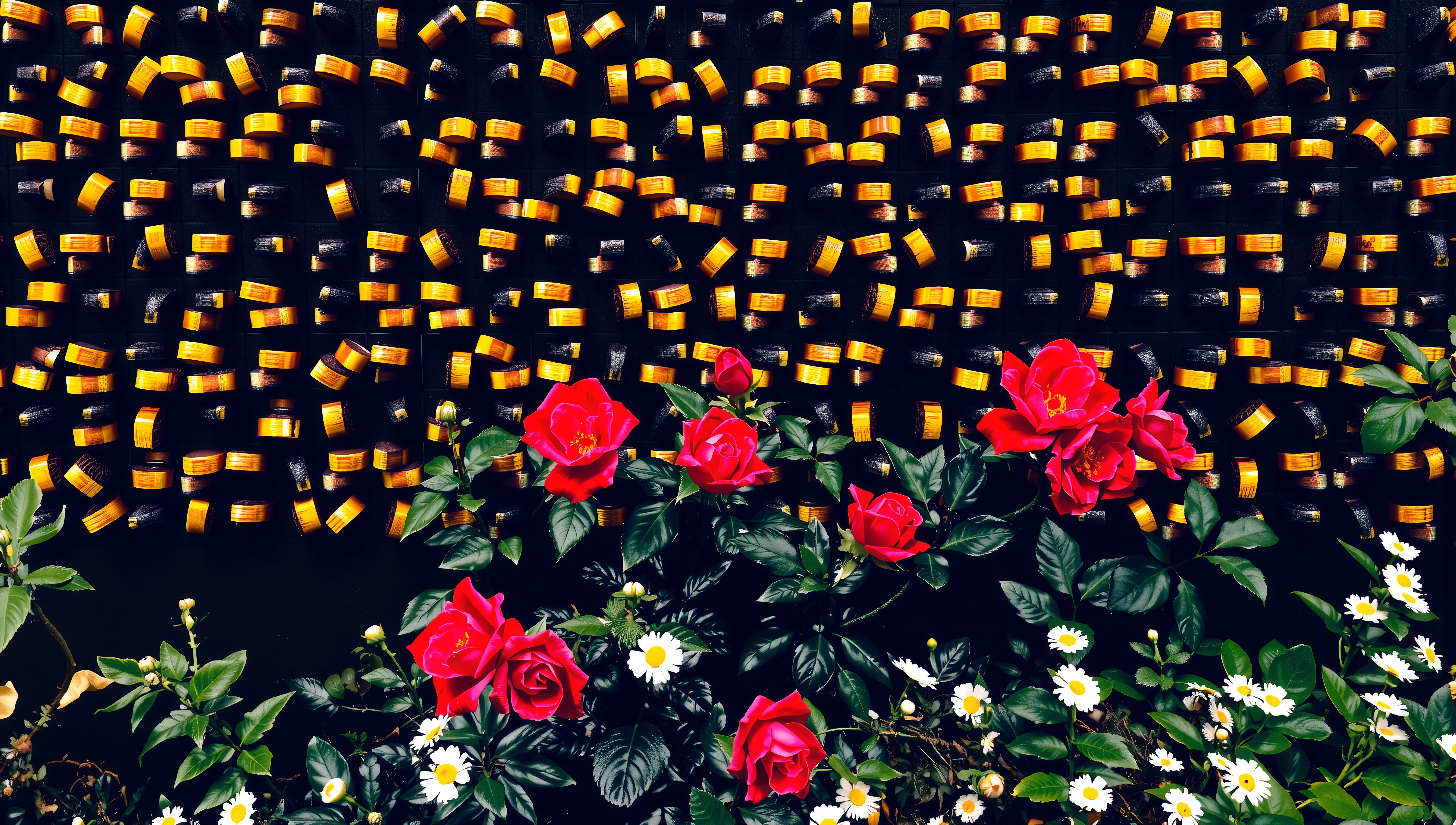 A vibrant floral and gold wall installation with red roses and white daisies.