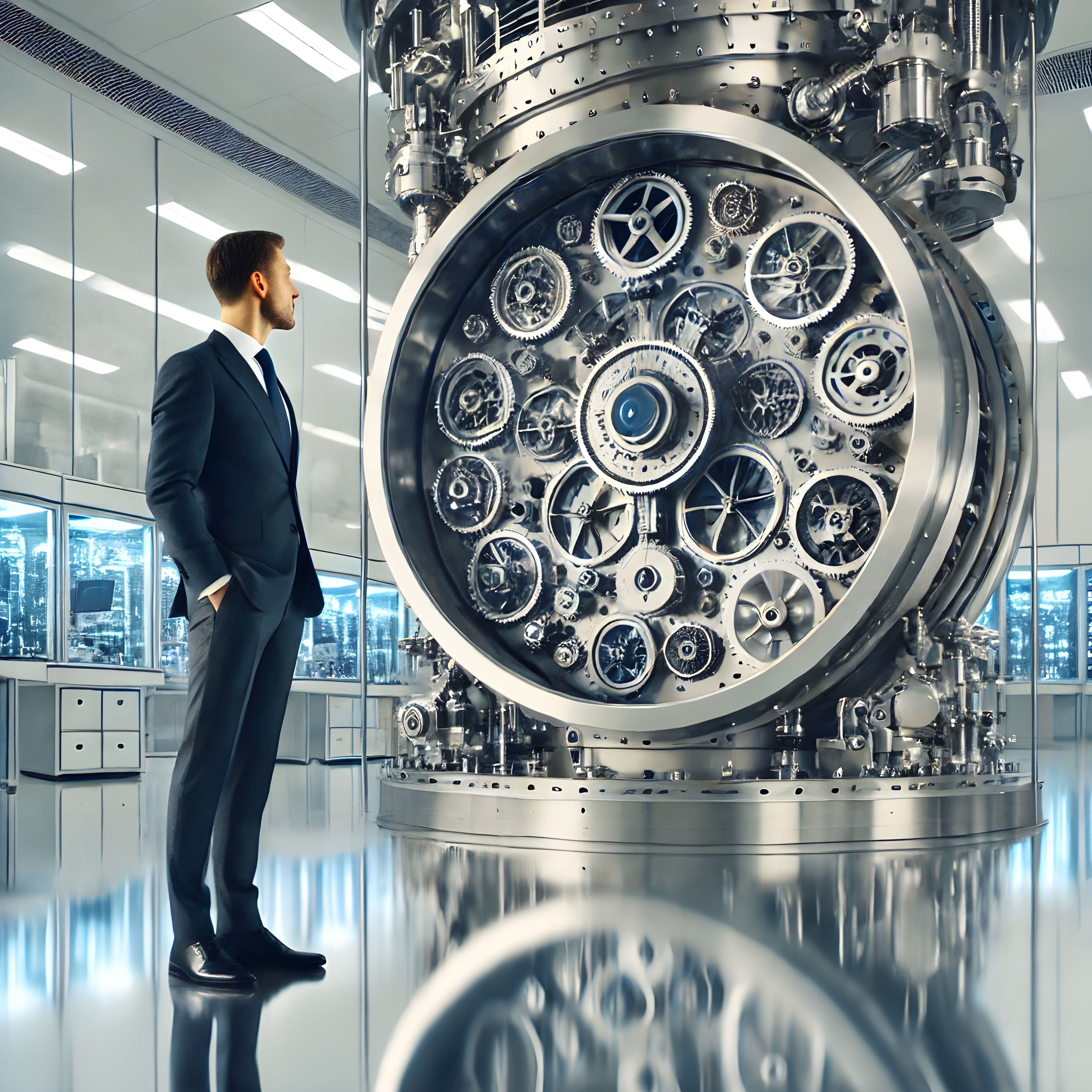 A man in a suit observes a large, complex gear mechanism in an advanced laboratory setting.