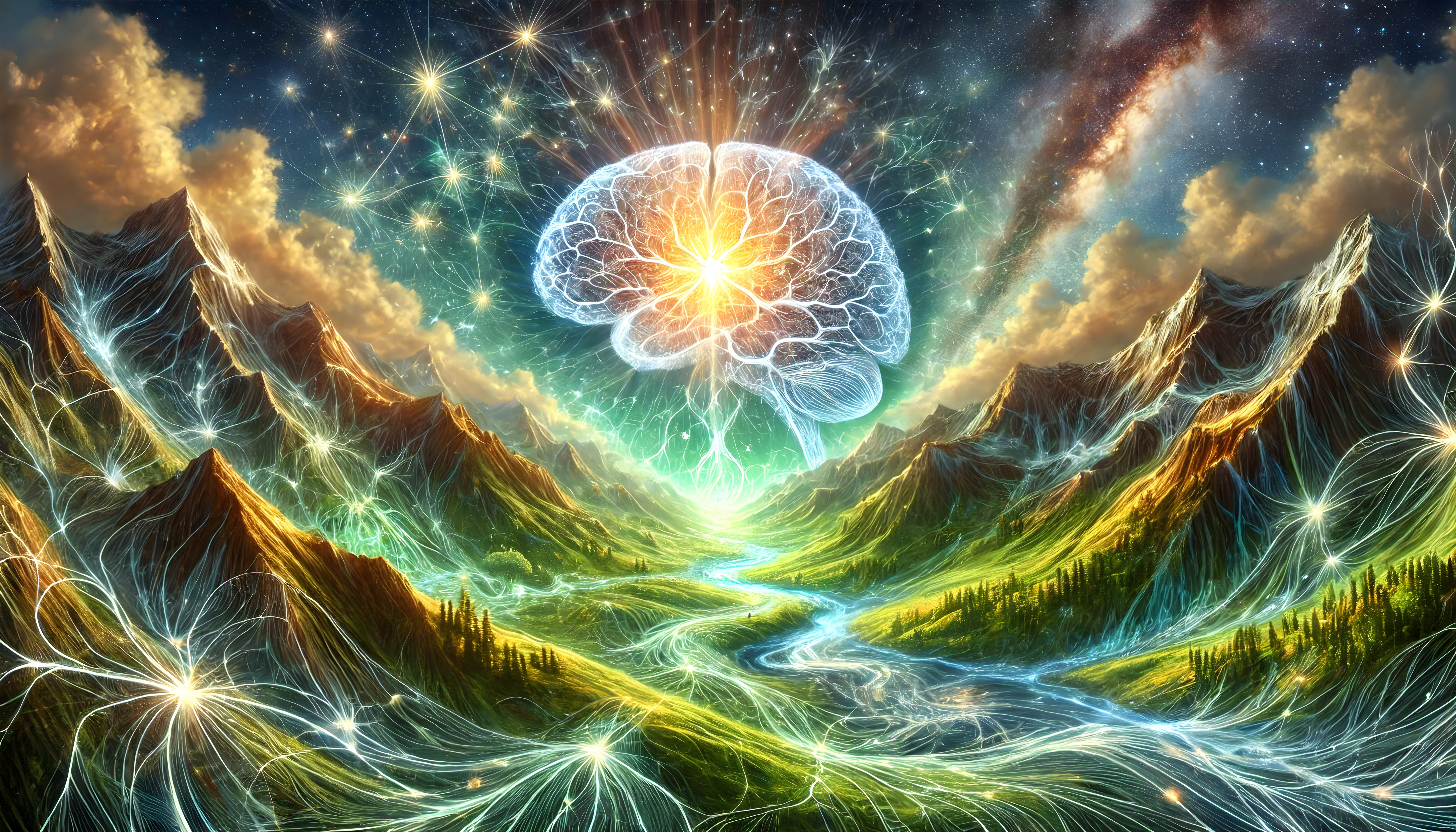 A surreal landscape with a glowing brain above mountains and a river.