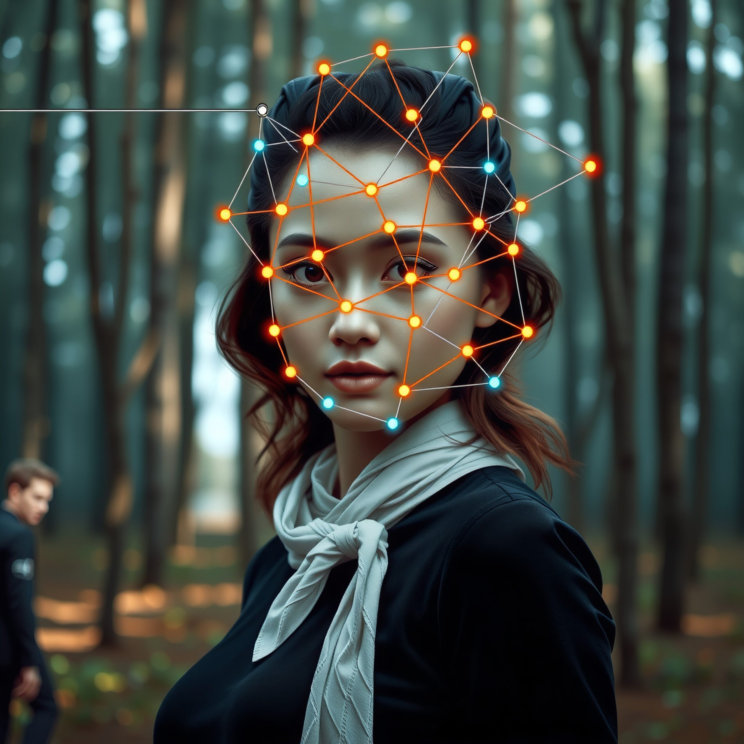 A woman with a digital face recognition overlay stands in a forest, embodying a fusion of nature and technology.
