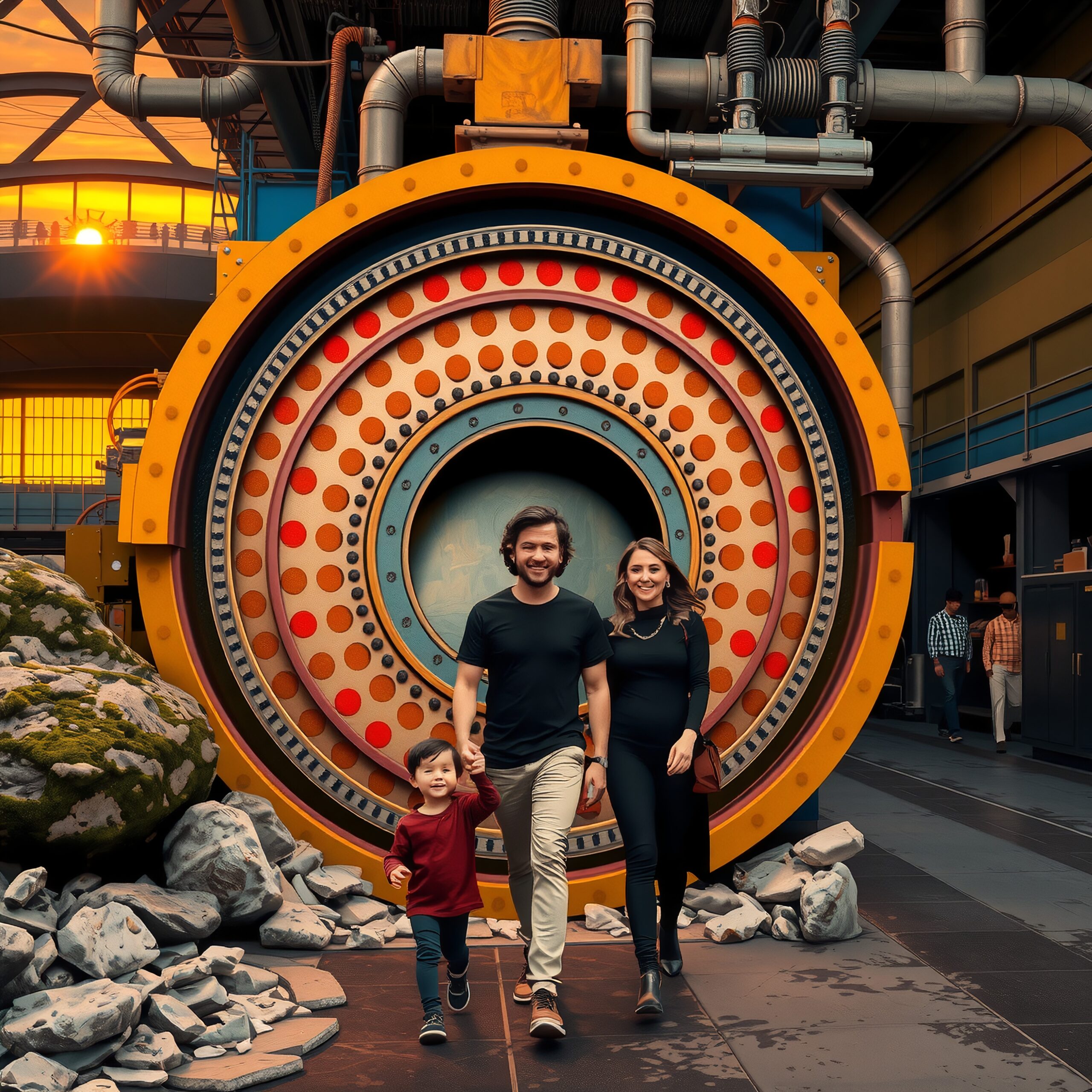 A family walks past a futuristic, industrial machine with vibrant patterns in a warm-lit setting.