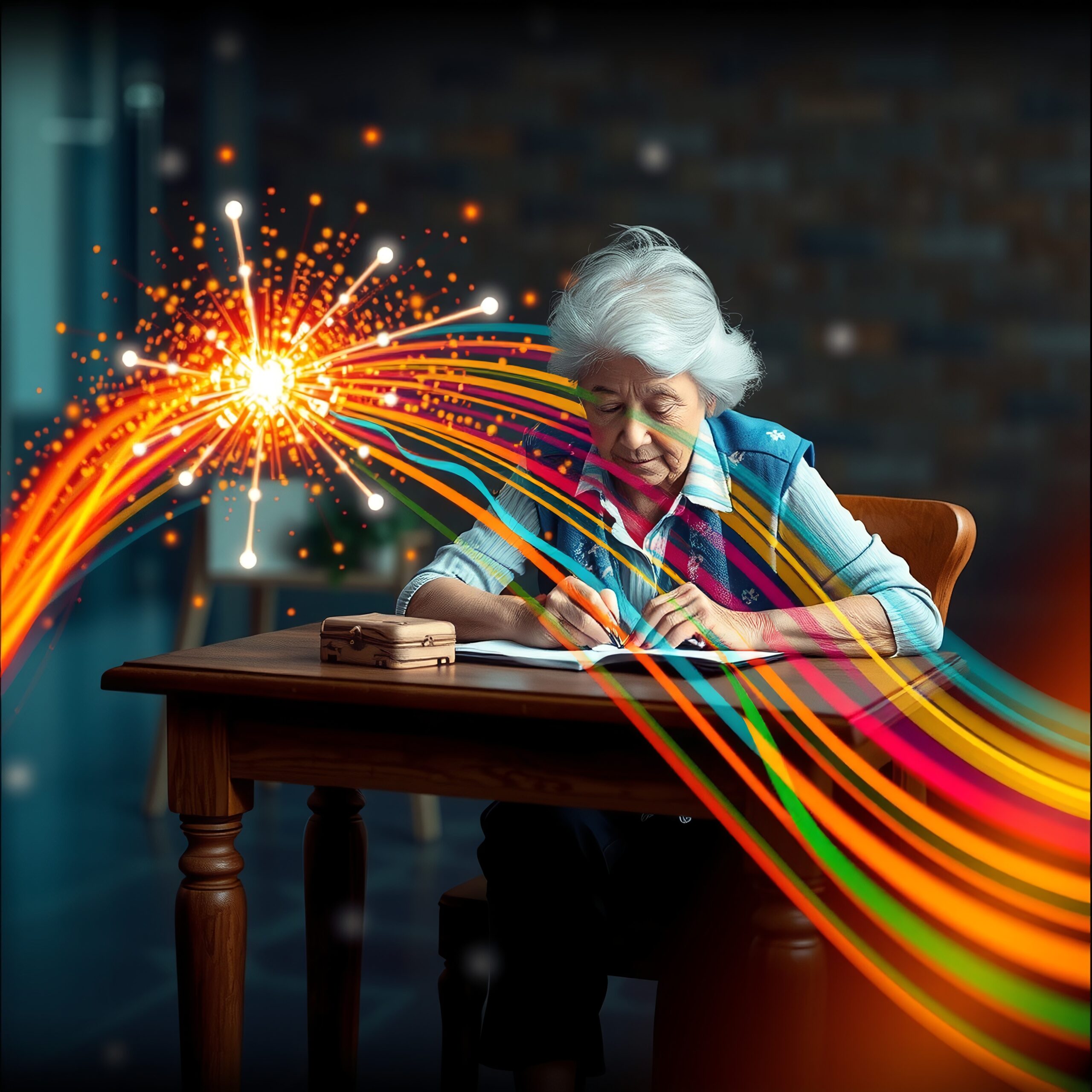 An elderly woman writes while surrounded by vibrant, multicolored light trails symbolizing creativity and inspiration in a calm setting.