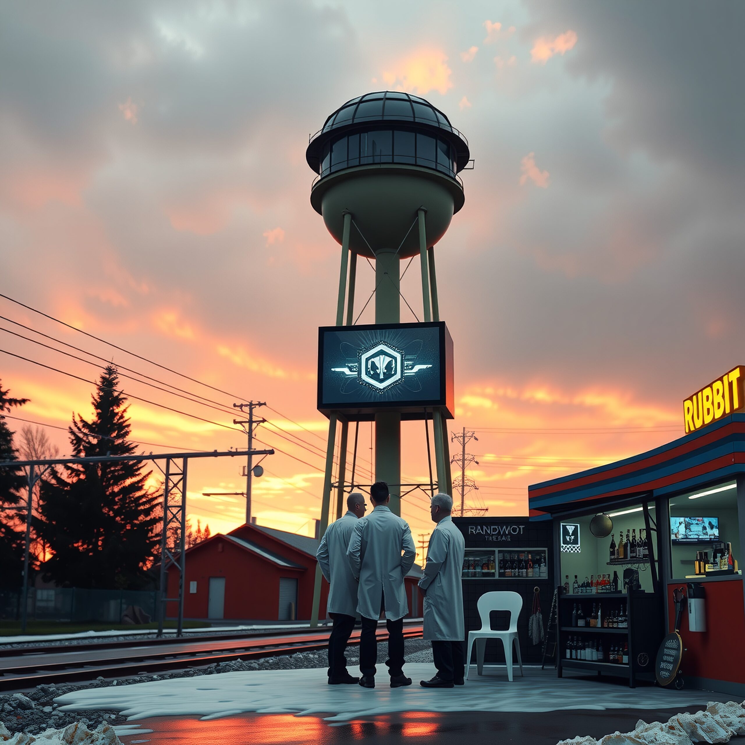 Three people in lab coats stand by a water tower with a digital screen during a sunset, blending modern and natural elements.