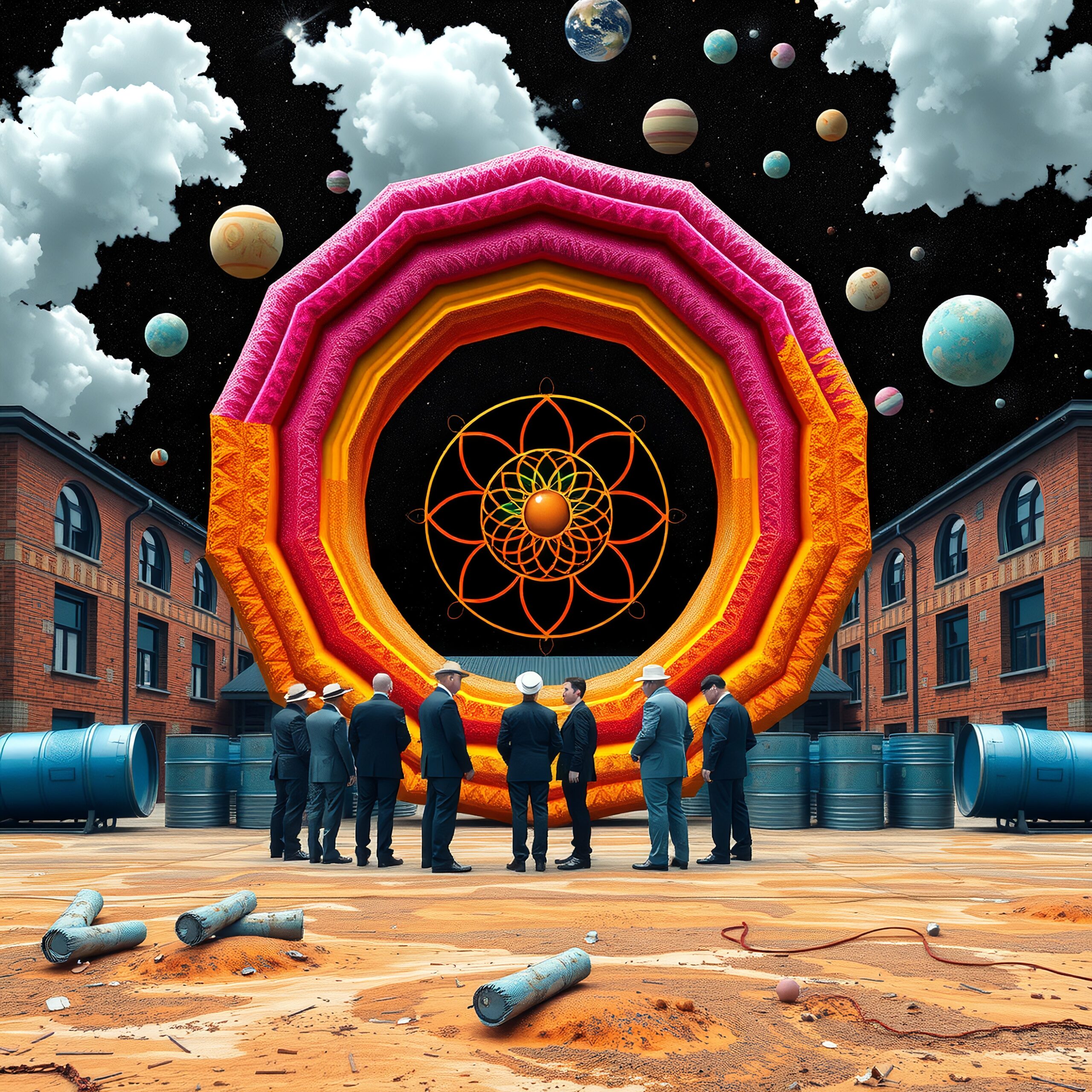 A group of people in suits observing a colorful, surreal portal with celestial bodies in the sky.