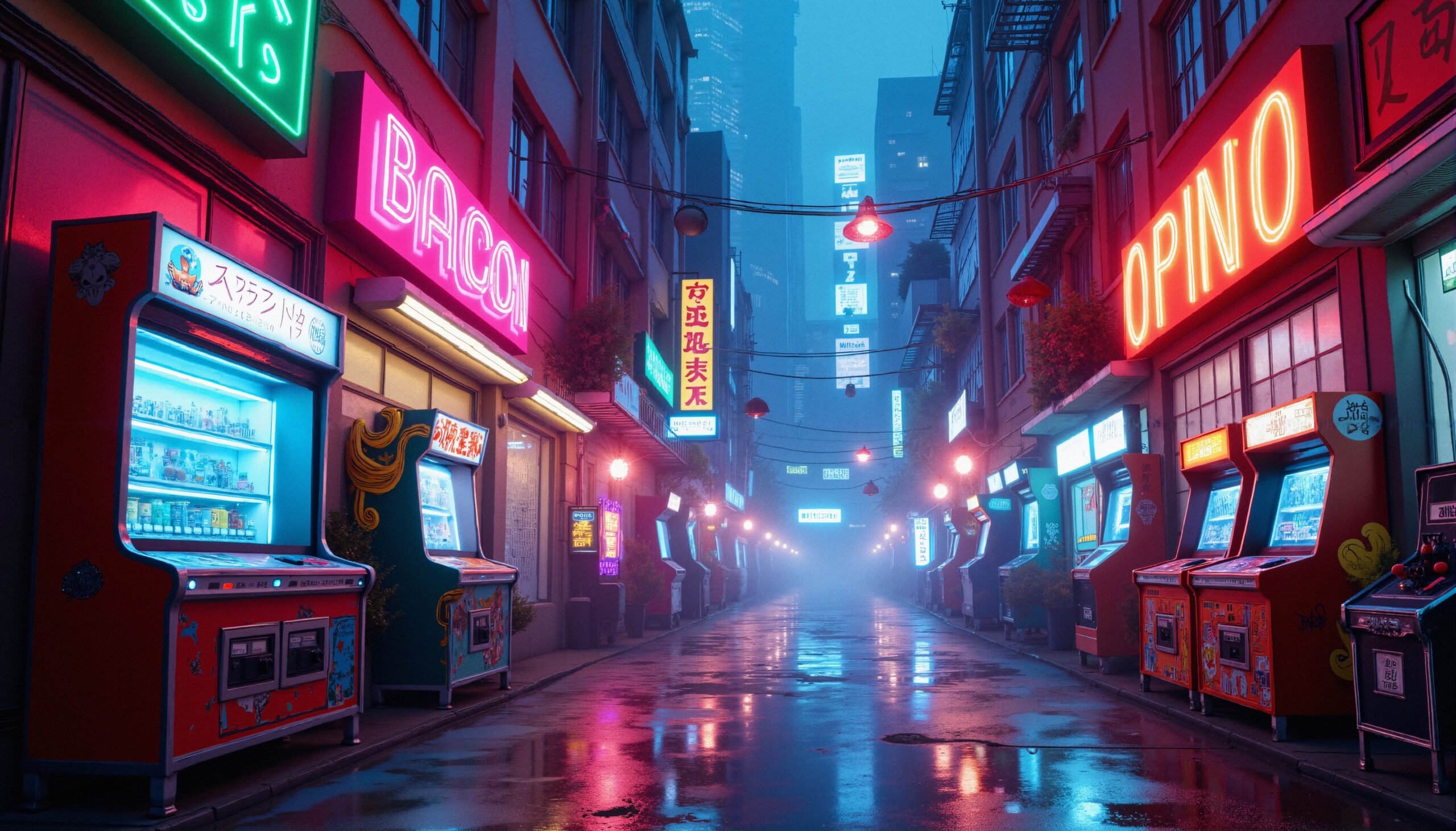 A vibrant neon-lit alleyway in a misty cyberpunk cityscape with vending machines and colorful signage.