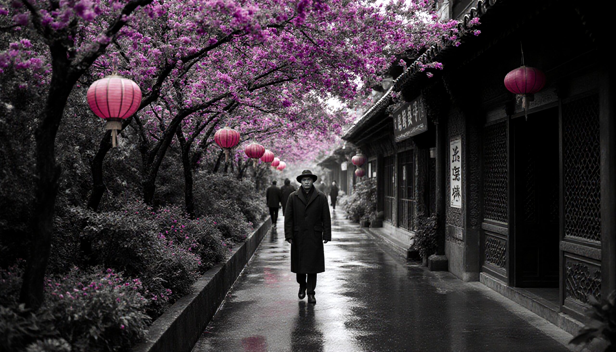 A lone figure on a rainy street with cherry blossoms and red lanterns.