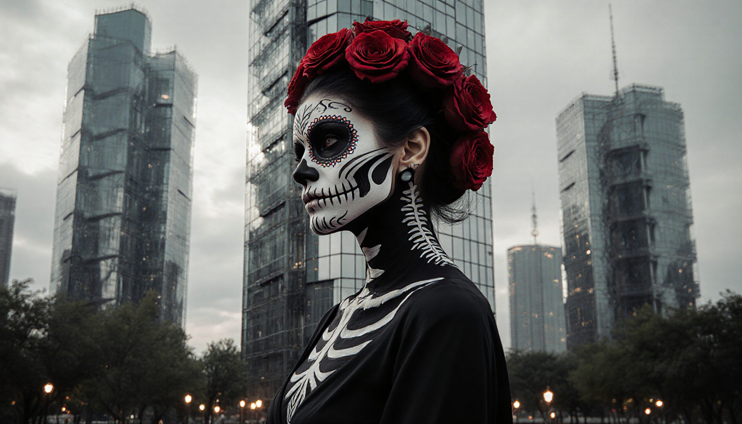 A woman in Day of the Dead makeup, with red roses, stands before urban skyscrapers.