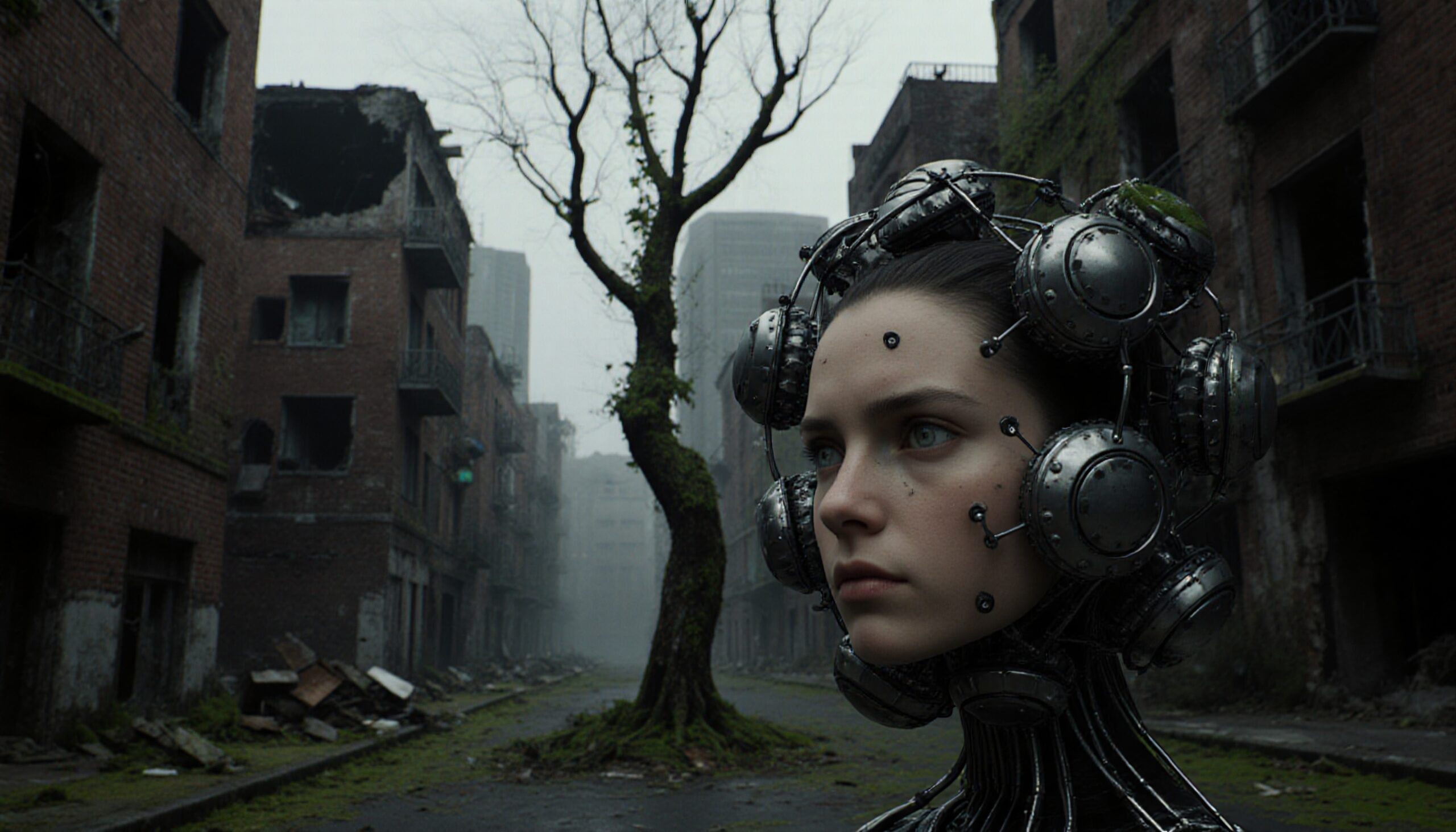 A woman with mechanical headgear stands in an abandoned city.