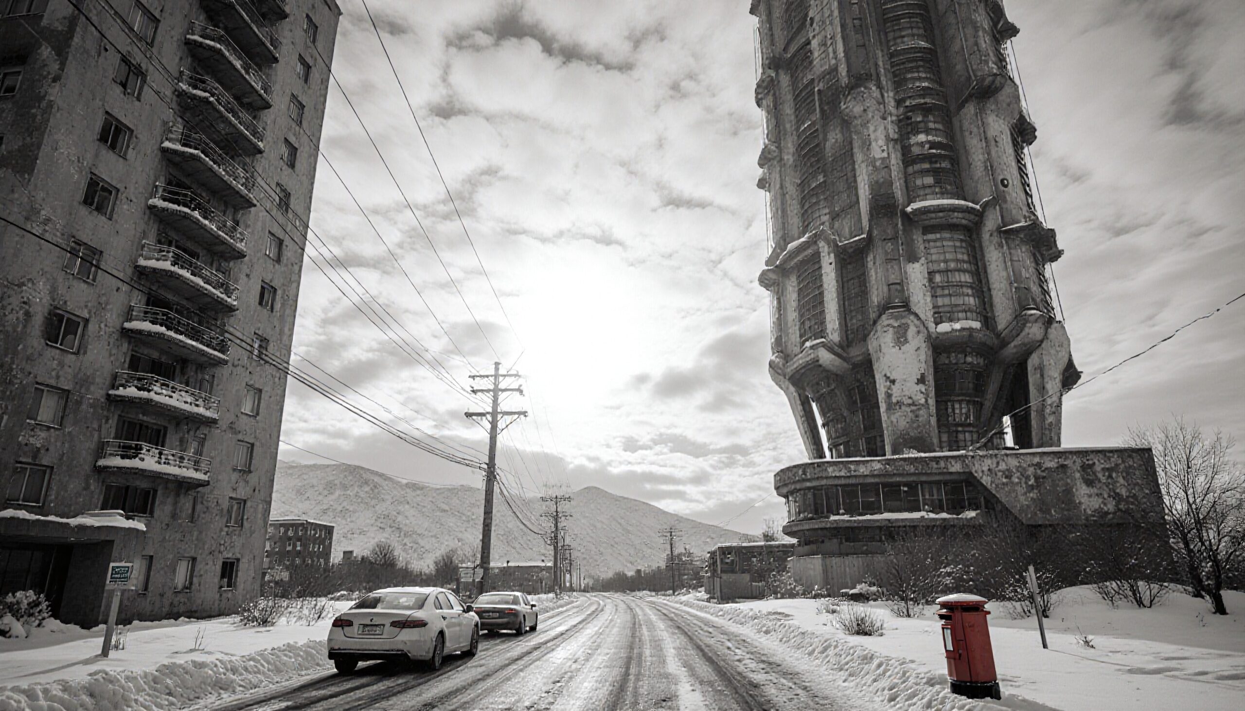 A snowy urban scene features a towering structure and snowy road.