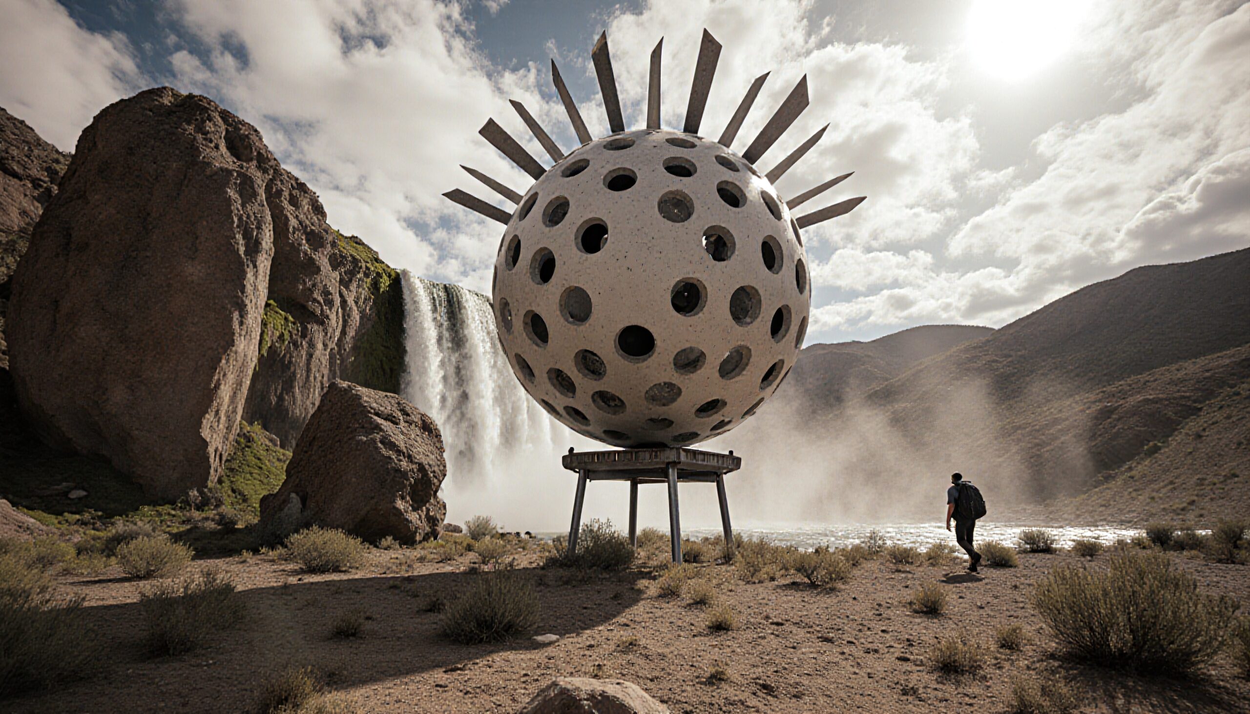 A lone traveler approaches a futuristic spherical sculpture near a waterfall.