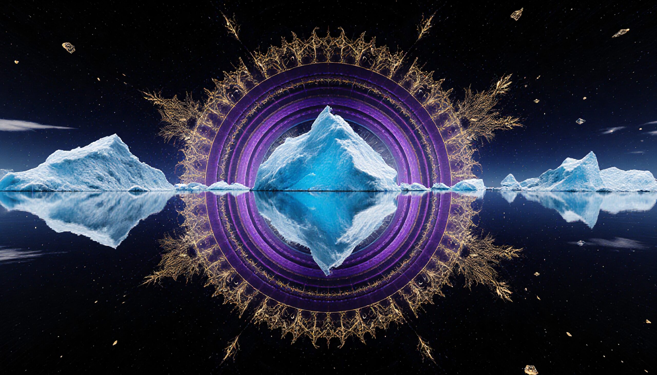 Digital artwork of icebergs with cosmic mandala symmetry in a starry sky.