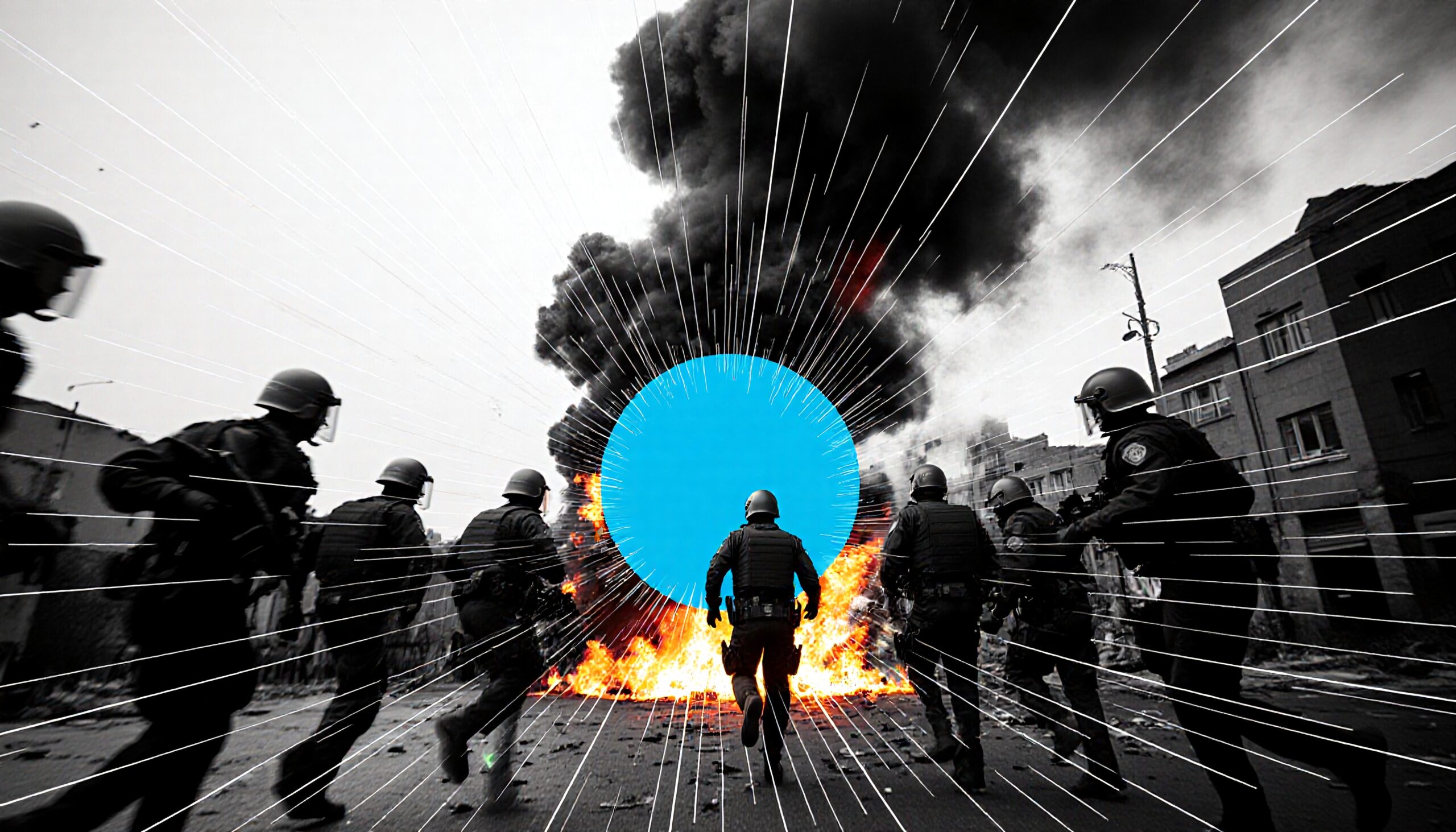 Dynamic urban scene with police officers running towards fire, blue circle artfully placed, conveying tension and chaos.