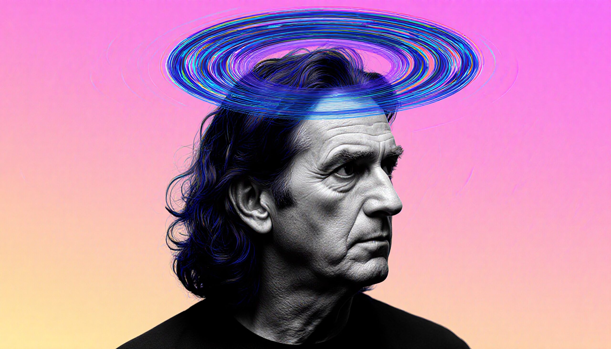 A grayscale portrait of a man with a digital halo against a gradient background.