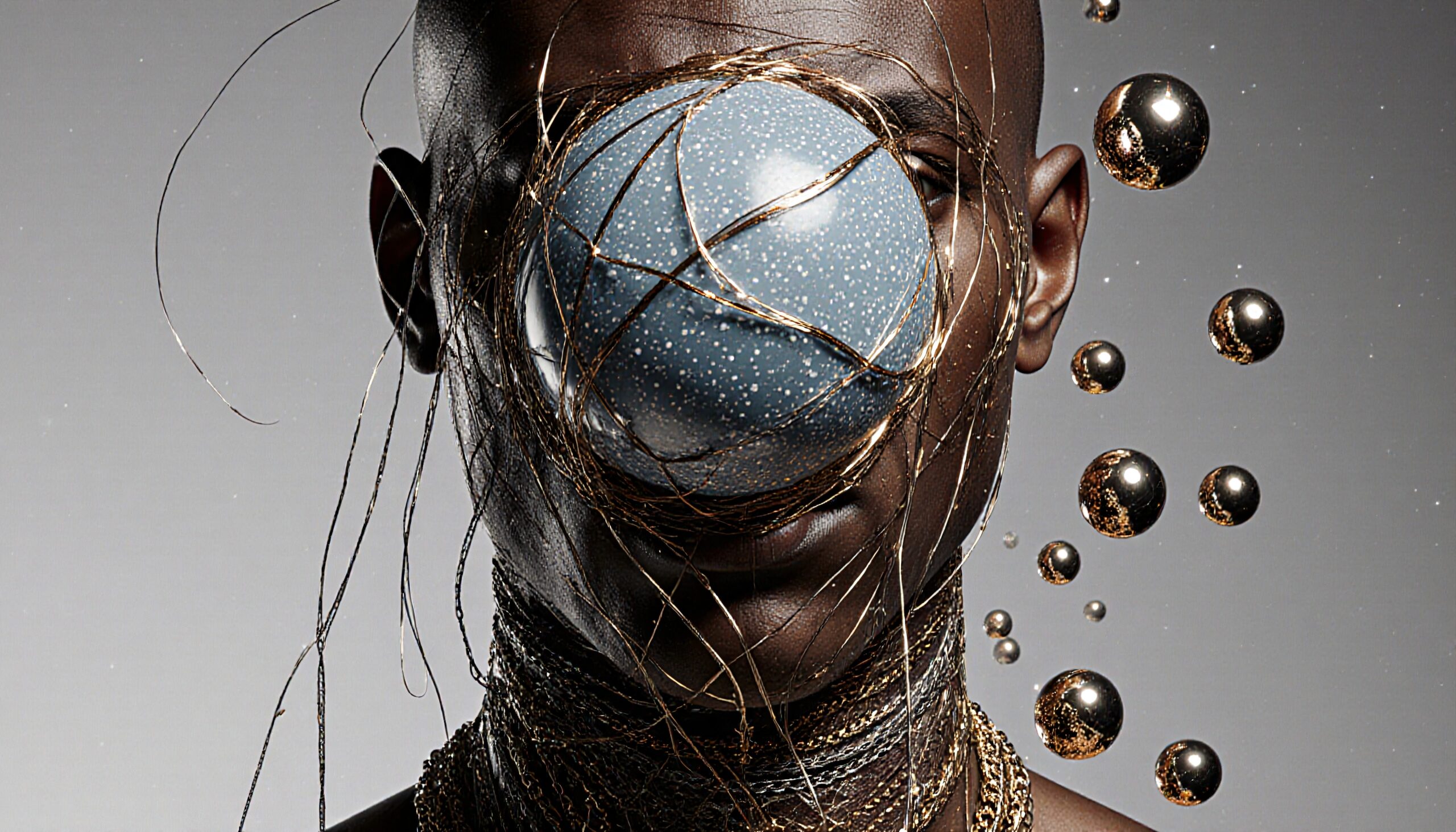A surreal portrait with metallic spheres and golden wires.