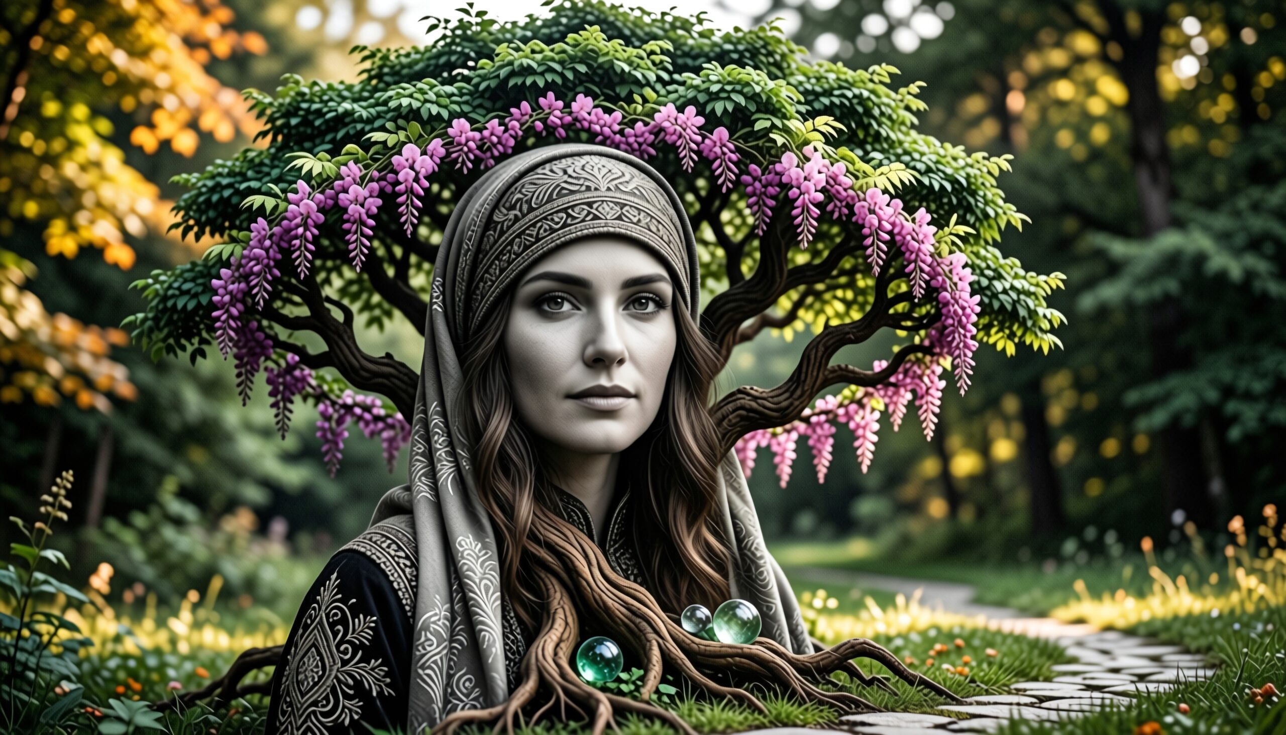 A woman with a tree headdress, blending naturally in a mystical forest setting.