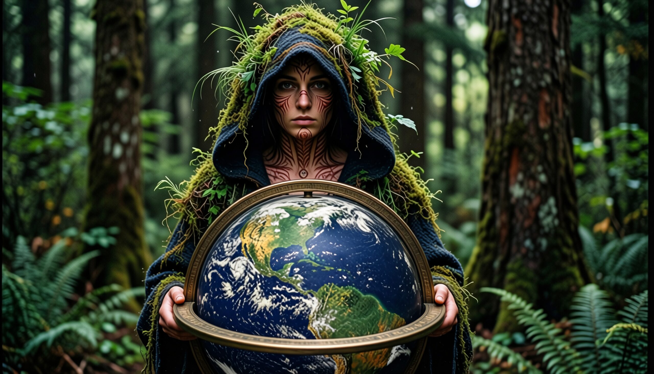 A mystical figure in a forest holding a globe symbolizing a connection with Earth.