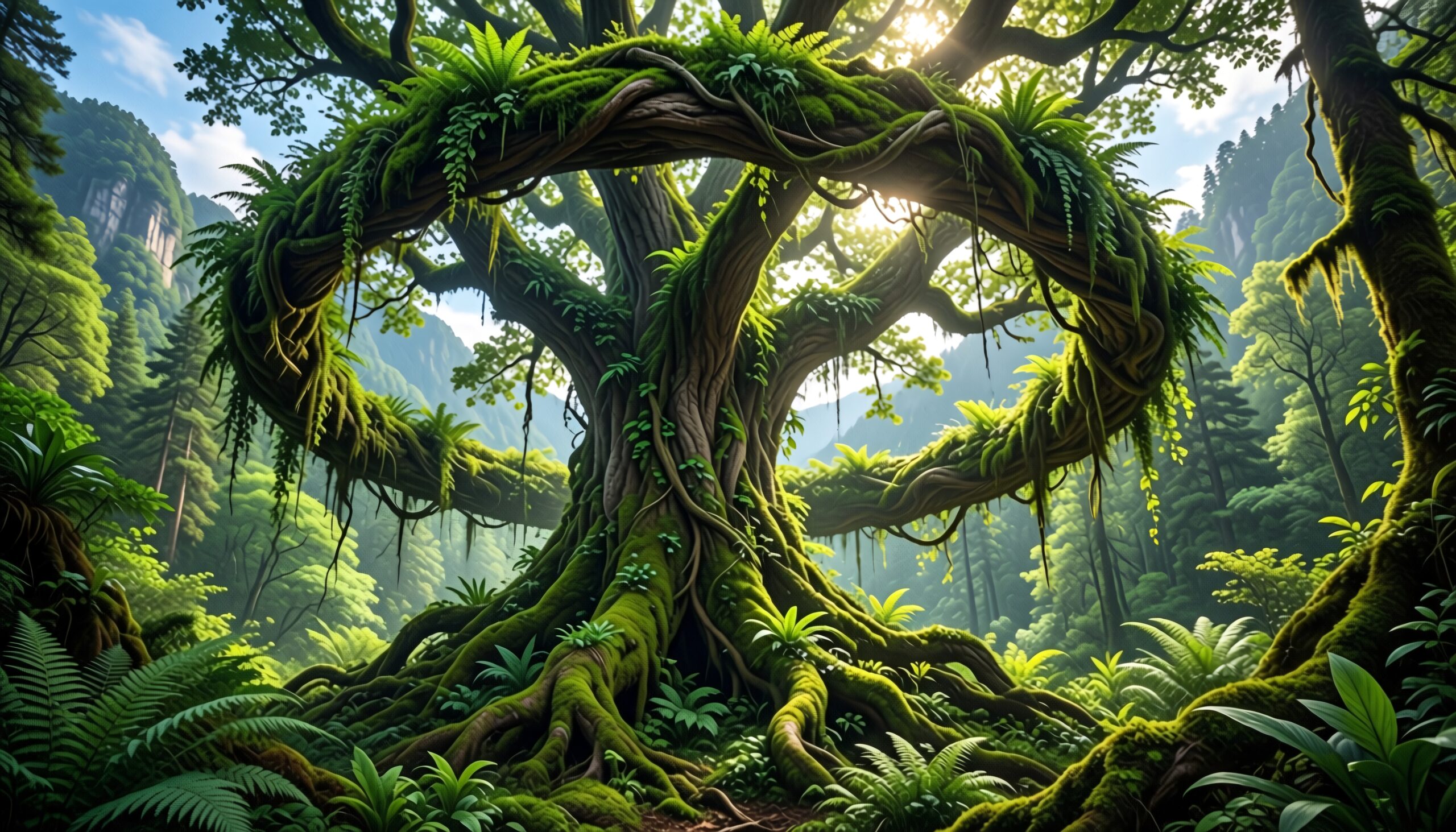 A majestic tree with moss-covered branches in a lush, green forest with sunlight filtering through.
